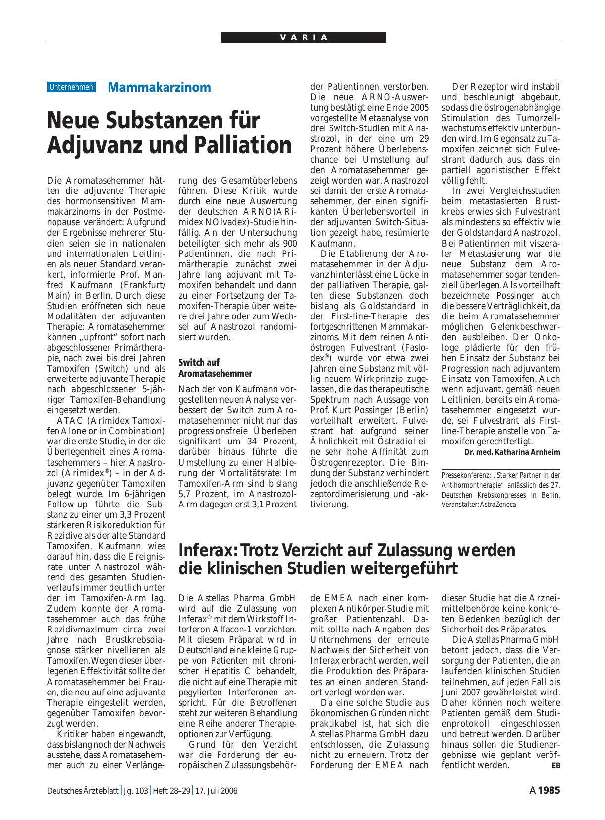 Vorschauseite 1: Mammakarzinom: Neue Substanzen für Adjuvanz und Palliation