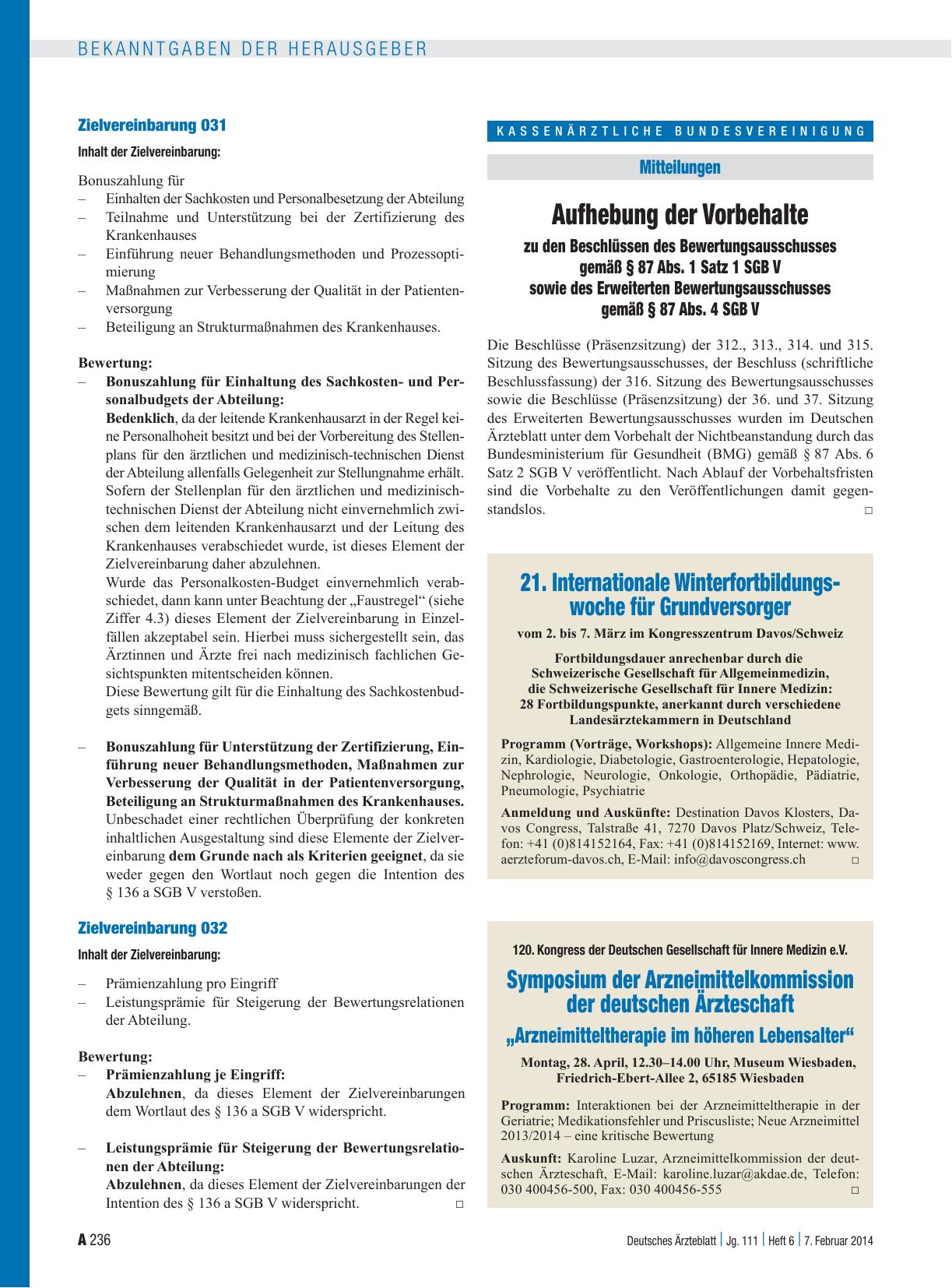Vorschauseite 1: Aufhebung der Vorbehalte zu den Beschlüssen des Bewertungsausschusses gemäß § 87 Abs. 1 Satz 1 SGB V sowie des Erweiterten Bewertungsausschusses gemäß § 87 Abs. 4 SGB V
