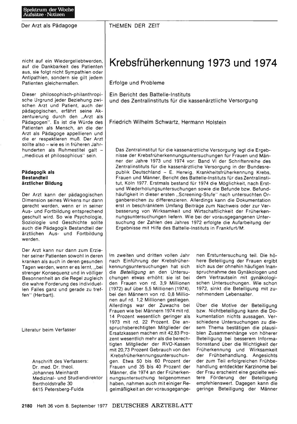Vorschauseite 1: Krebsfrüherkennung 1973 und 1974: Erfolge und Probleme - Ein Bericht des Battelle-Instituts und des Zentralinstituts für die kassenärztliche Versorgung