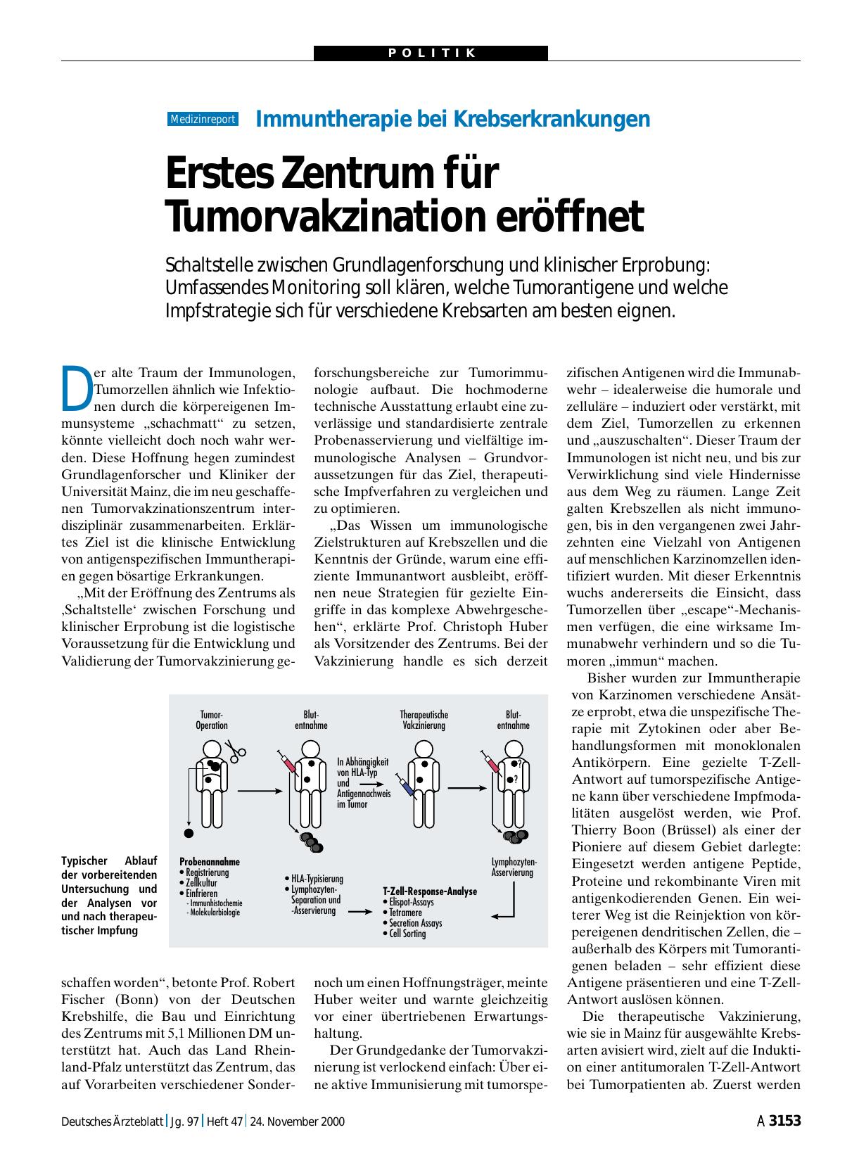 Vorschauseite 1: Immuntherapie bei Krebserkrankungen: Erstes Zentrum für Tumorvakzination eröffnet