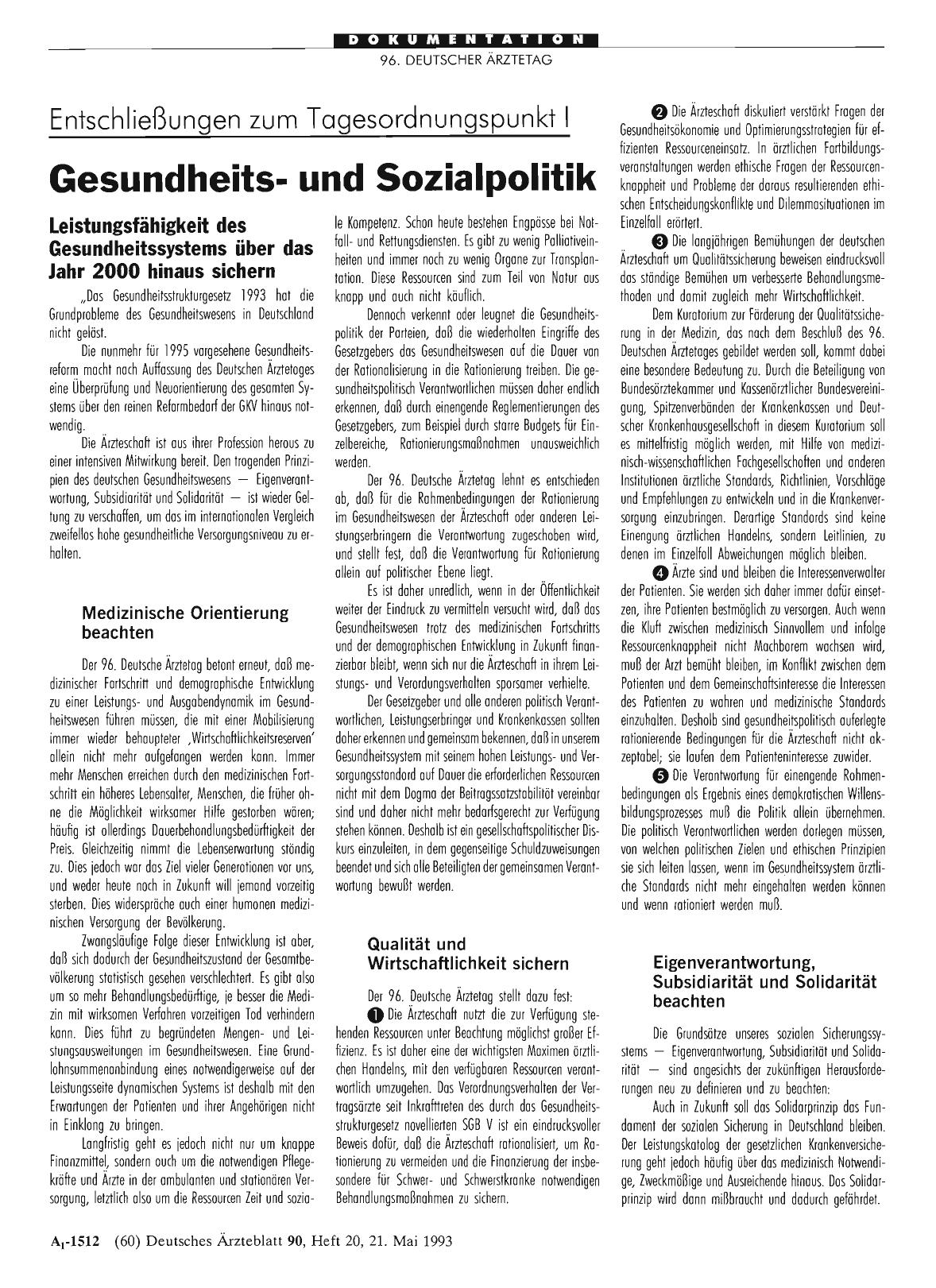 Vorschauseite 1: Entschließungen zum Tagesordnungspunkt I: Gesundheitsund Sozialpolitik