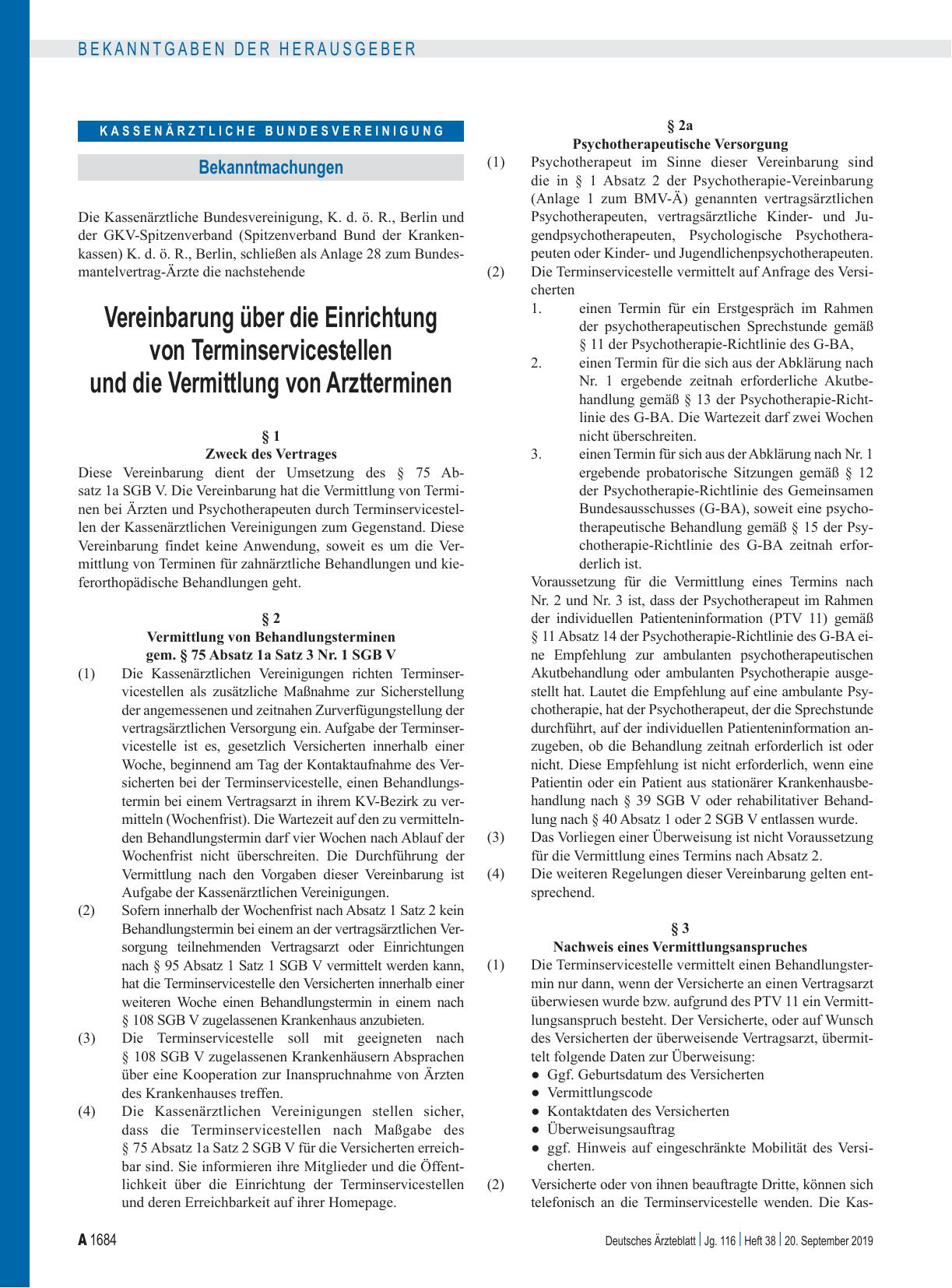 Vorschauseite 1: Vereinbarung über die Einrichtung von Terminservicestellen und die Vermittlung von Arztterminen