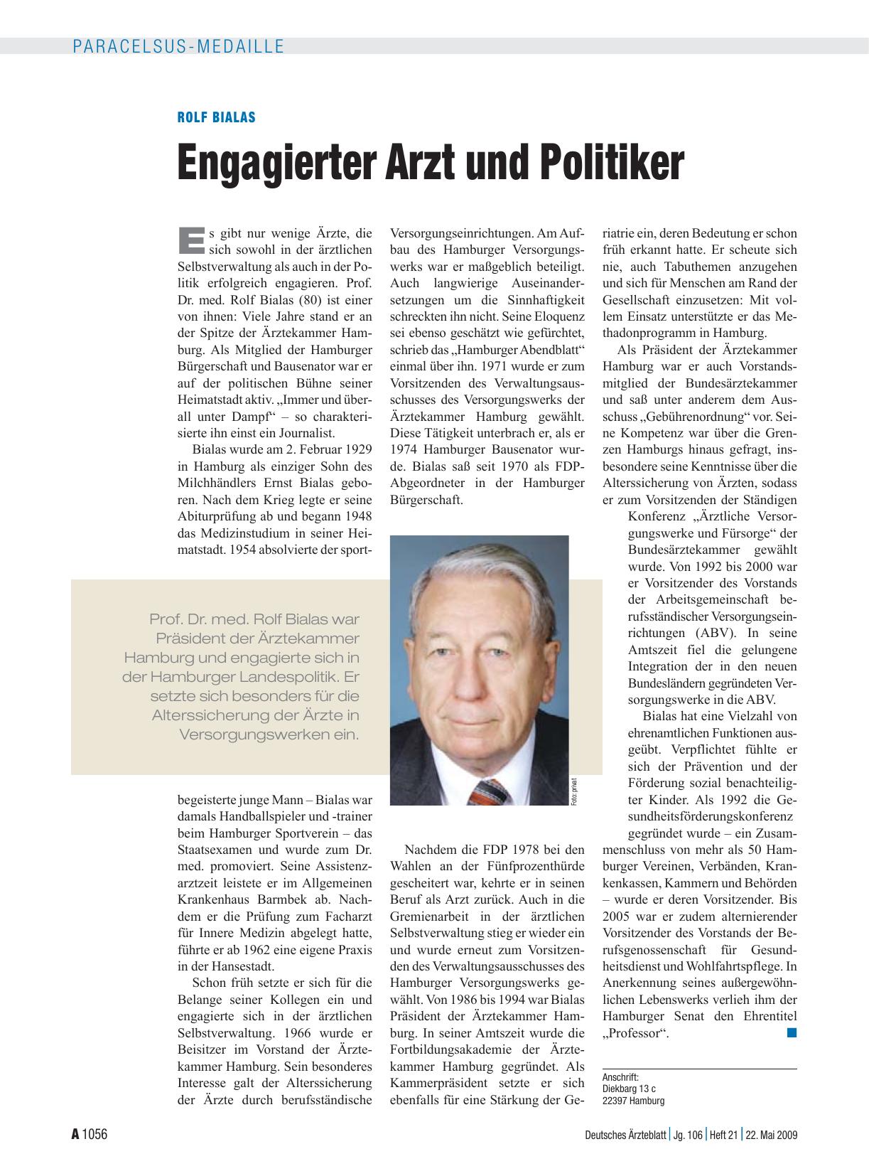 Vorschauseite 1: Rolf Bialas: Engagierter Arzt und Politiker