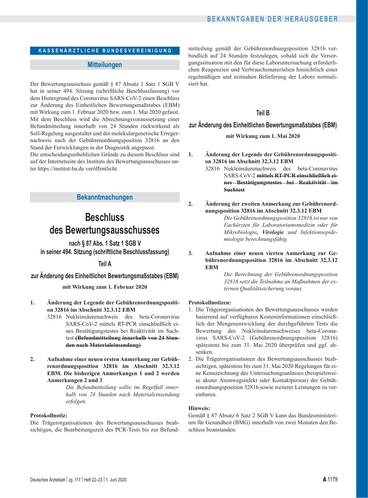 Vorschauseite 1: Beschluss des Bewertungsausschusses nach § 87 Abs. 1 Satz 1 SGB V in seiner 494. Sitzung (schriftliche Beschlussfassung) zur Änderung des Einheitlichen Bewertungsmaßstabes (EBM)