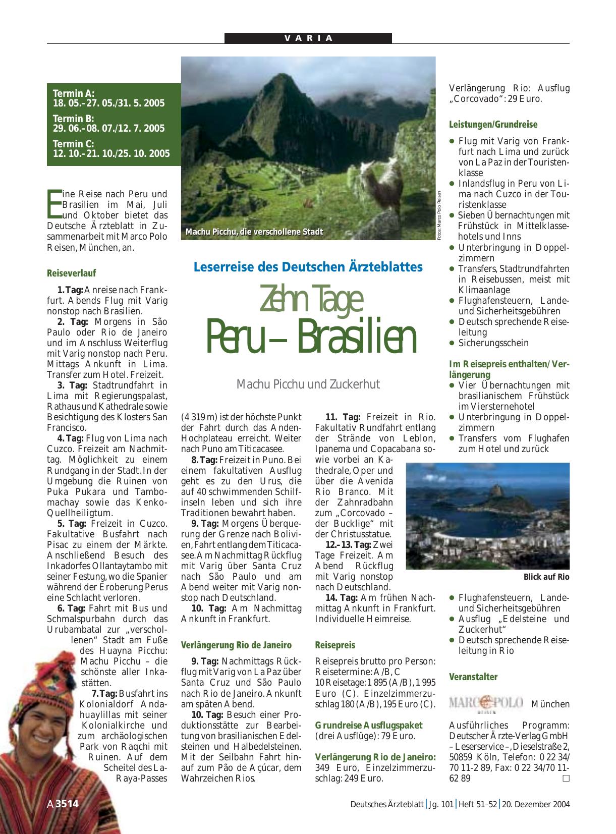 Vorschauseite 1: Leserreise des Deutschen Ärzteblattes: Zehn Tage Peru – Brasilien