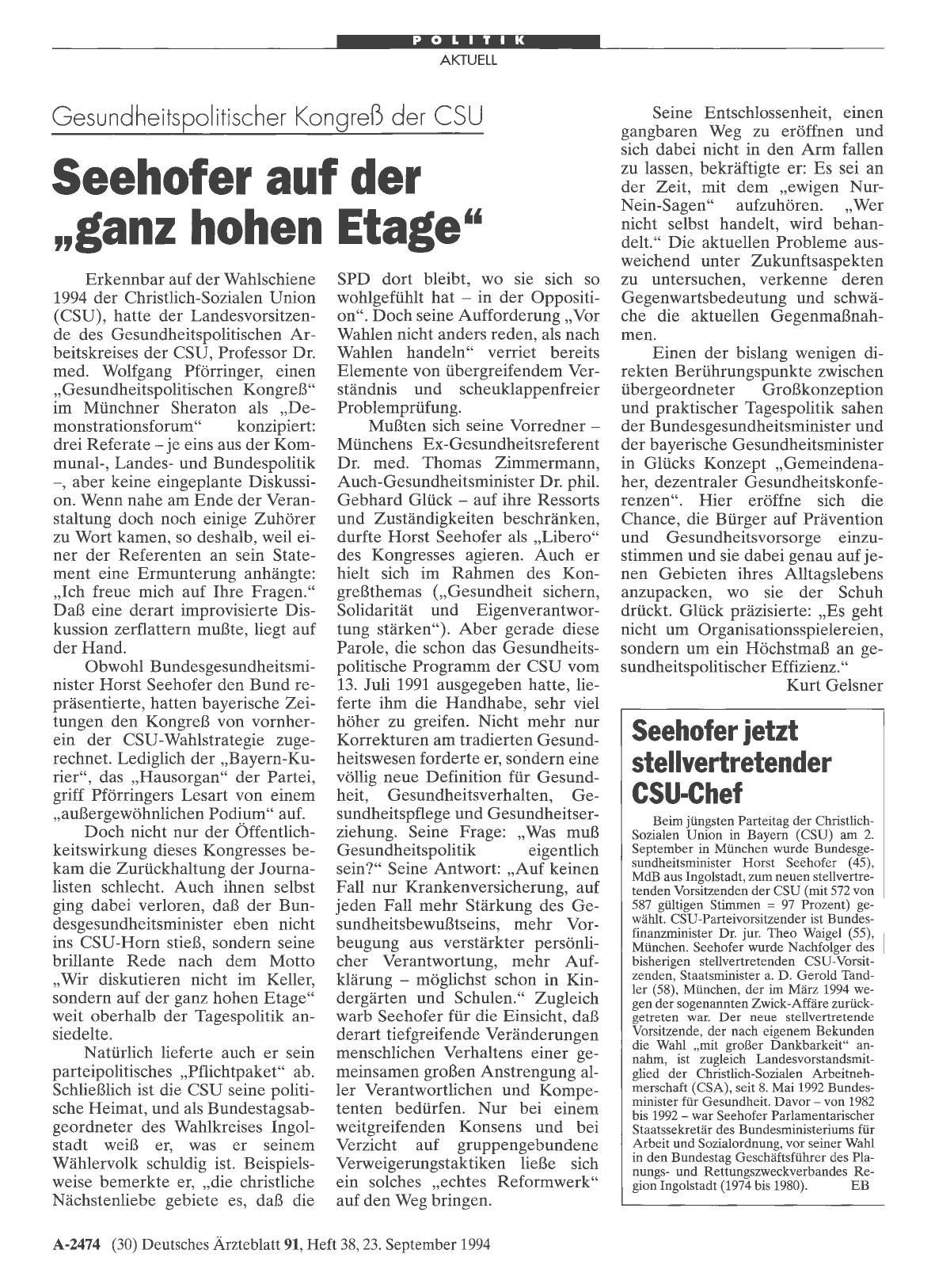 Vorschauseite 1: Gesundheitspolitischer Kongreß der CSU: Seehofer auf der „ganz hohen Etage“