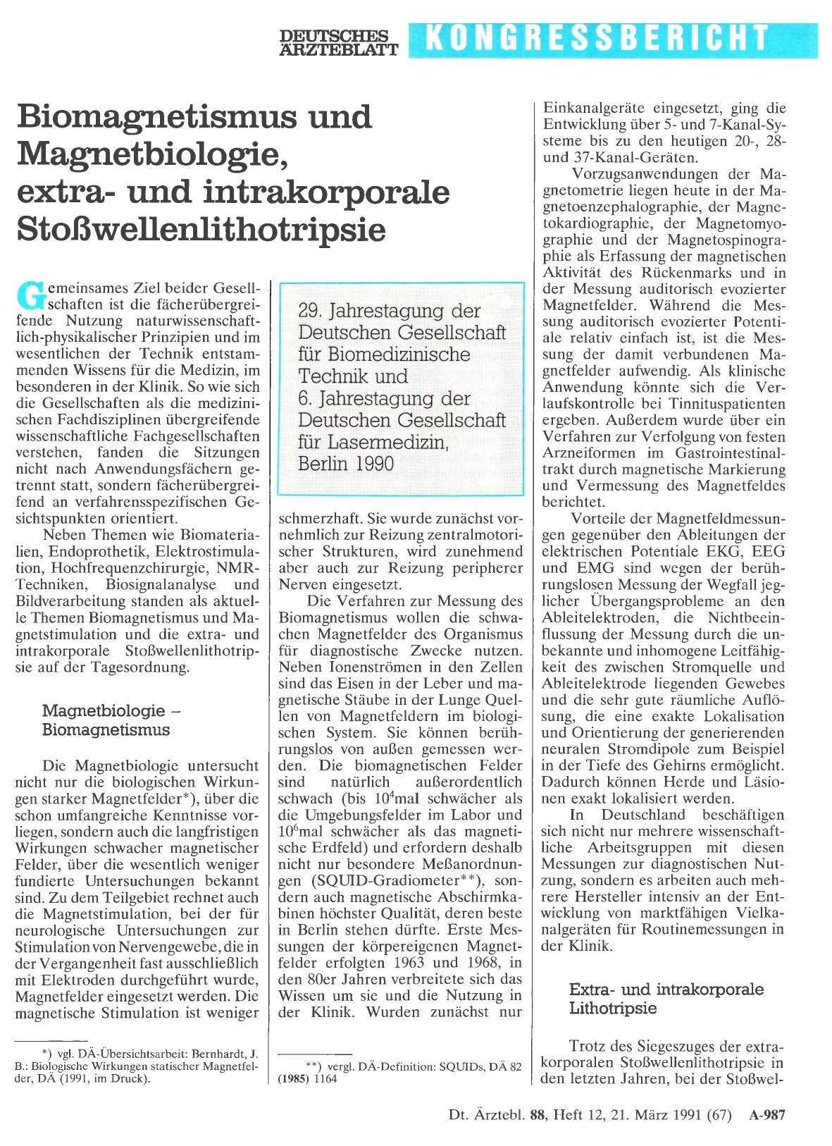 Vorschauseite 1: 29. Jahrestagung der Deutschen Gesellschaft für Biomedizinische Technik und 6. Jahrestagung der Deutschen Gesellschaft für Lasermedizin, Berlin 1990: Biomagnetismus und Magnetbiol…