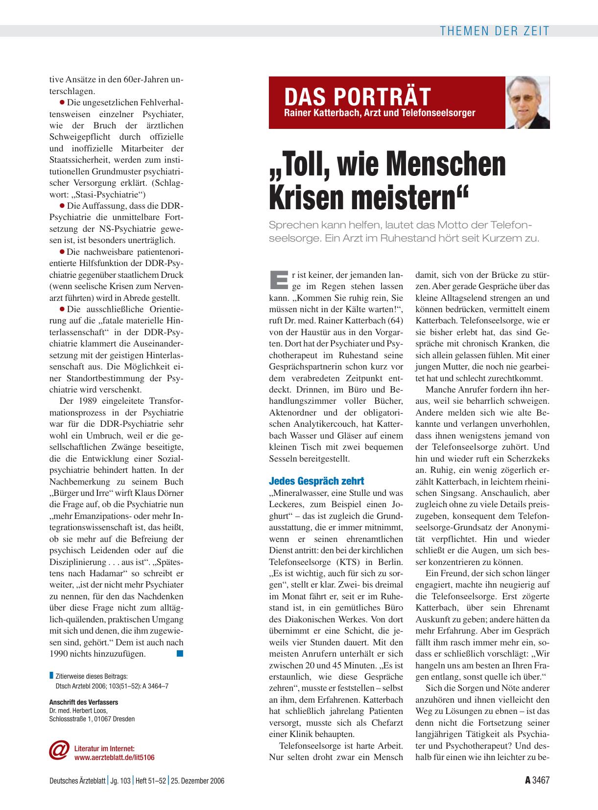 Vorschauseite 1: Rainer Katterbach, Arzt und Telefonseelsorger: „Toll, wie Menschen Krisen meistern“
