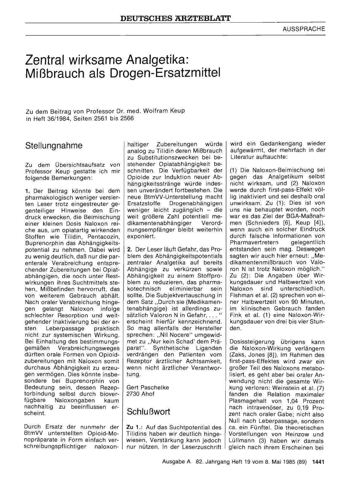 Vorschauseite 1: Zentral wirksame Analgetika: Mißbrauch als Drogen-Ersatzmittel: Stellungnahme