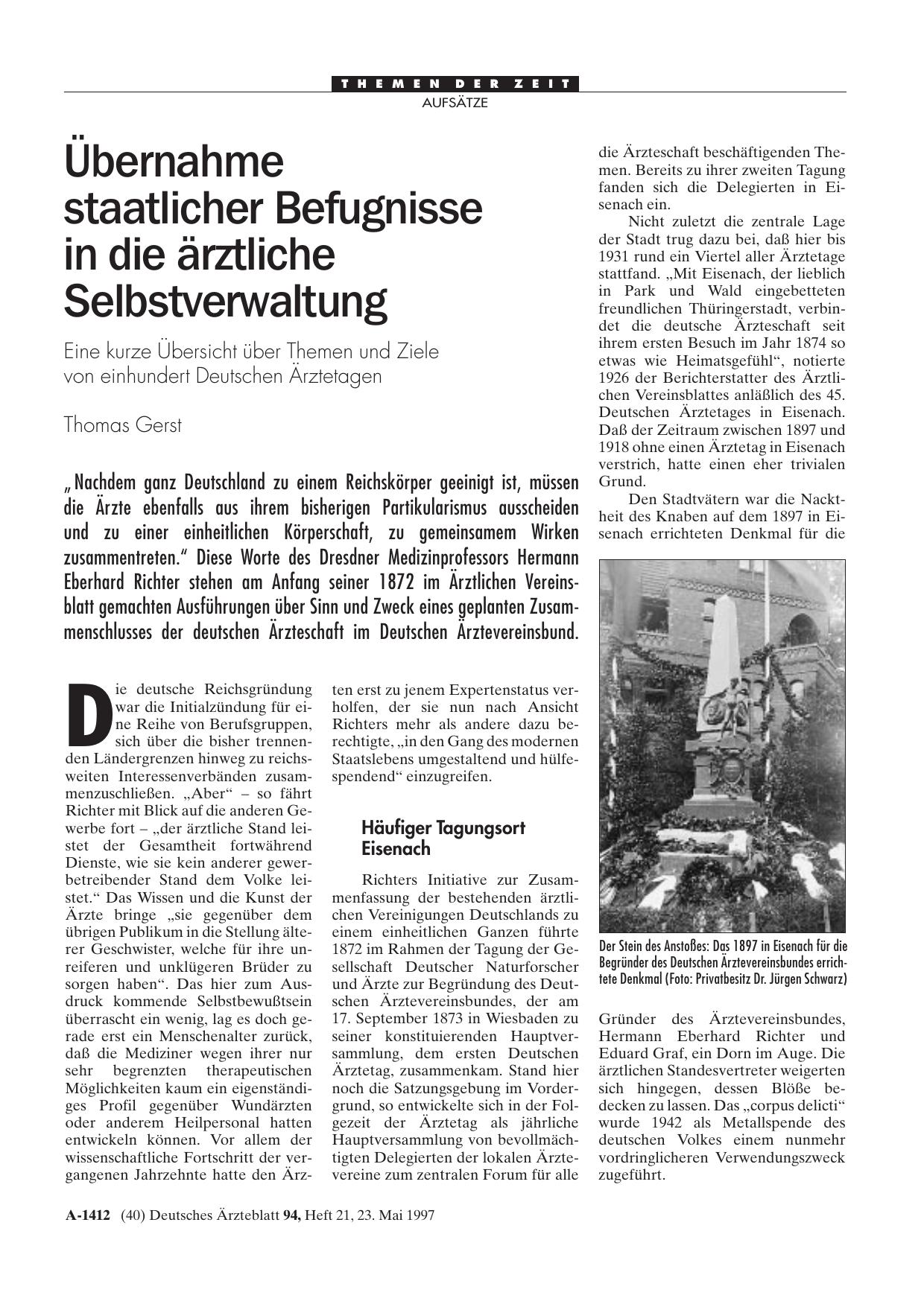 Vorschauseite 1: Übernahme staatlicher Befugnisse in die ärztliche Selbstverwaltung: Eine kurze Übersicht über Themen und Ziele von einhundert Deutschen Ärztetagen