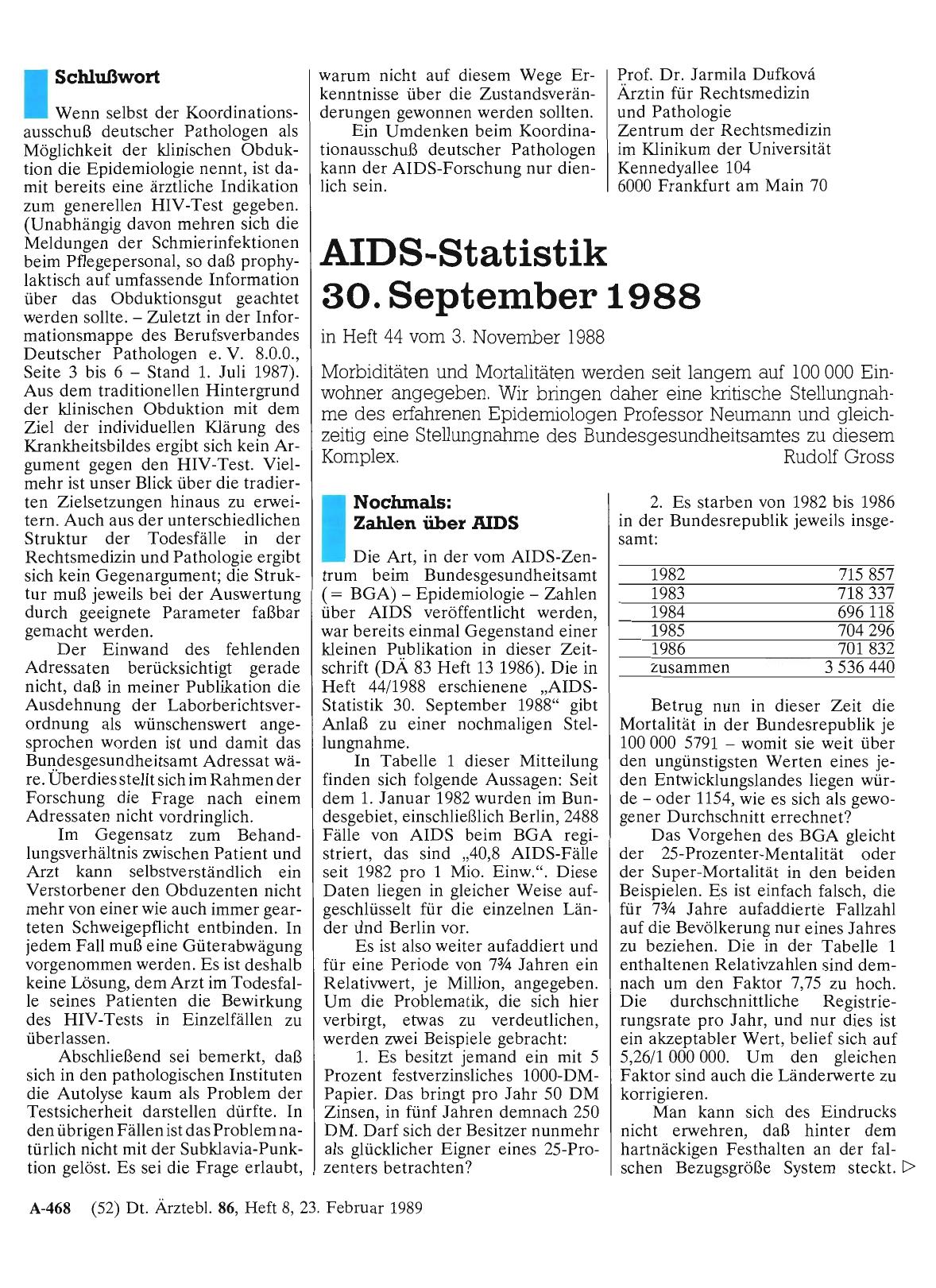 Vorschauseite 1: AIDS-Statistik 30. September 1988: Nochmals: Zahlen über AIDS