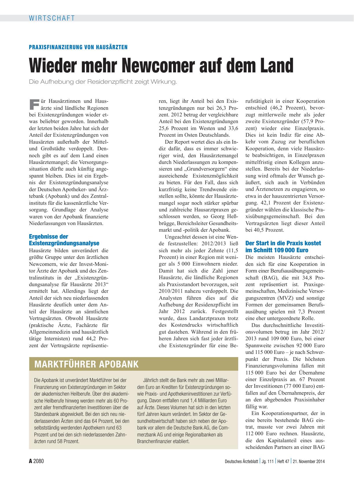 Vorschauseite 1: Praxisfinanzierung von Hausärzten: Wieder mehr Newcomer auf dem Land
