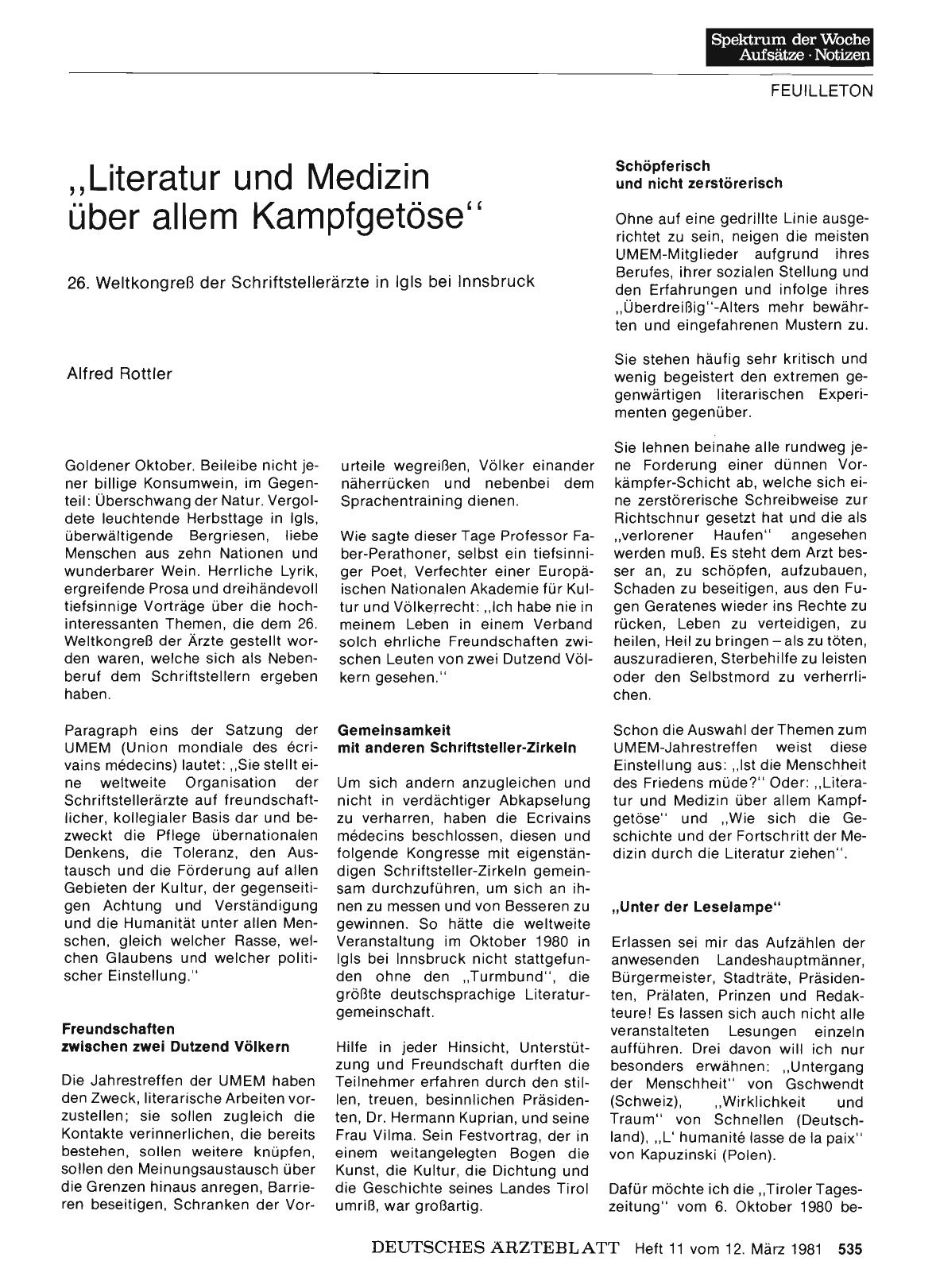 Vorschauseite 1: „Literatur und Medizin über allem Kampfgetöse”
