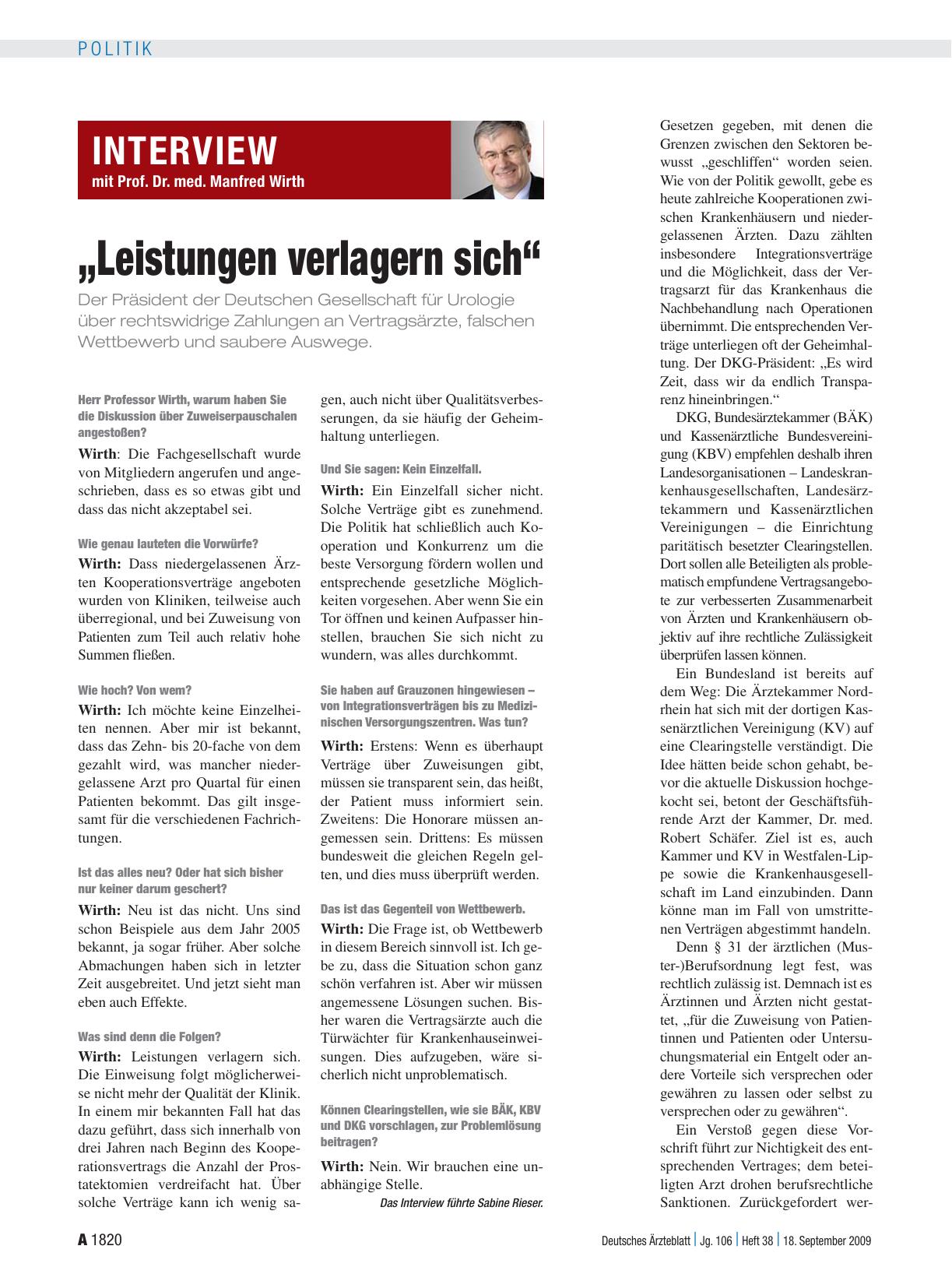 Vorschauseite 1: Interview mit Prof. Dr. med. Manfred Wirth: „Leistungen verlagern sich“