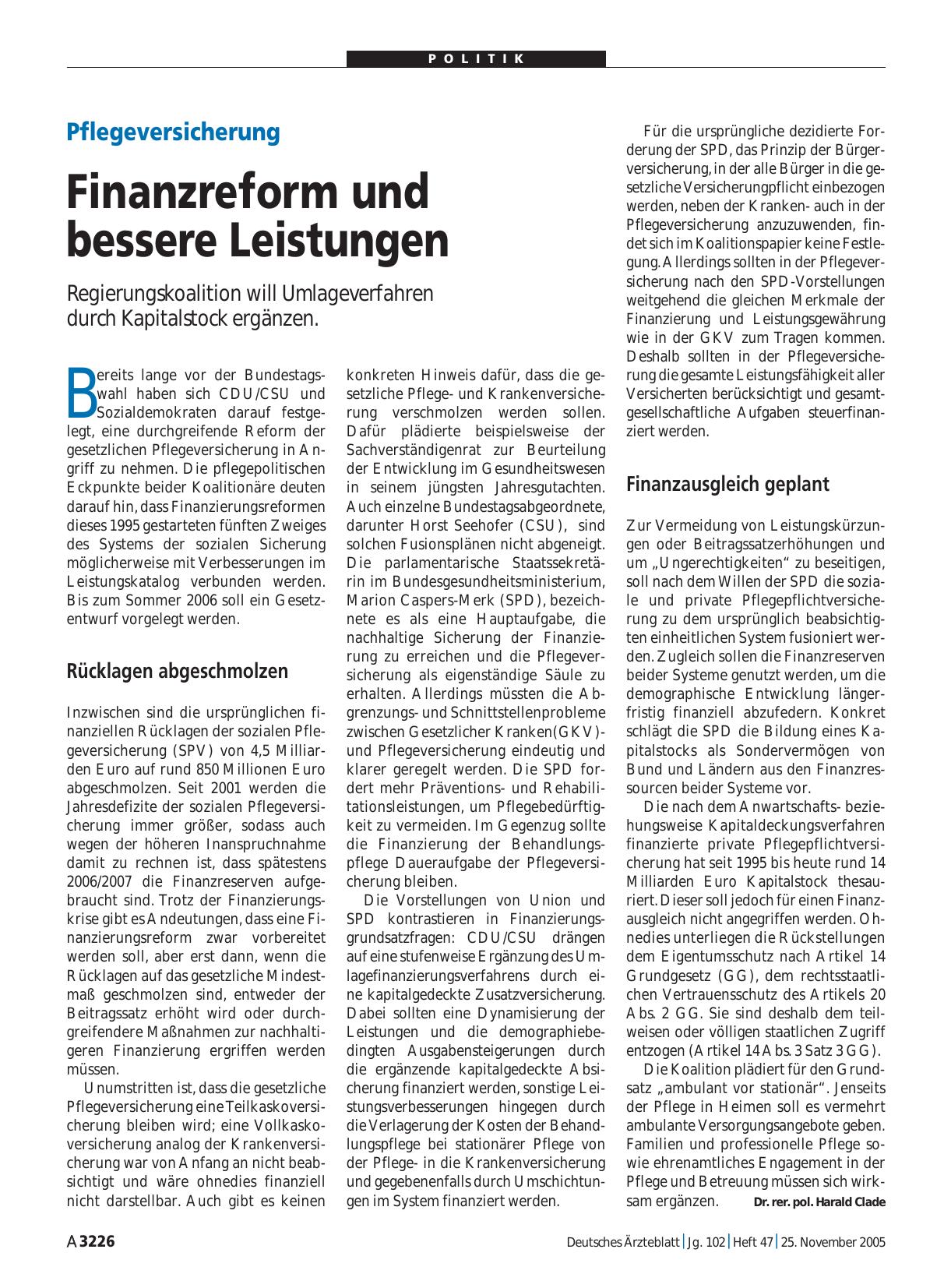 Vorschauseite 1: Pflegeversicherung: Finanzreform und bessere Leistungen