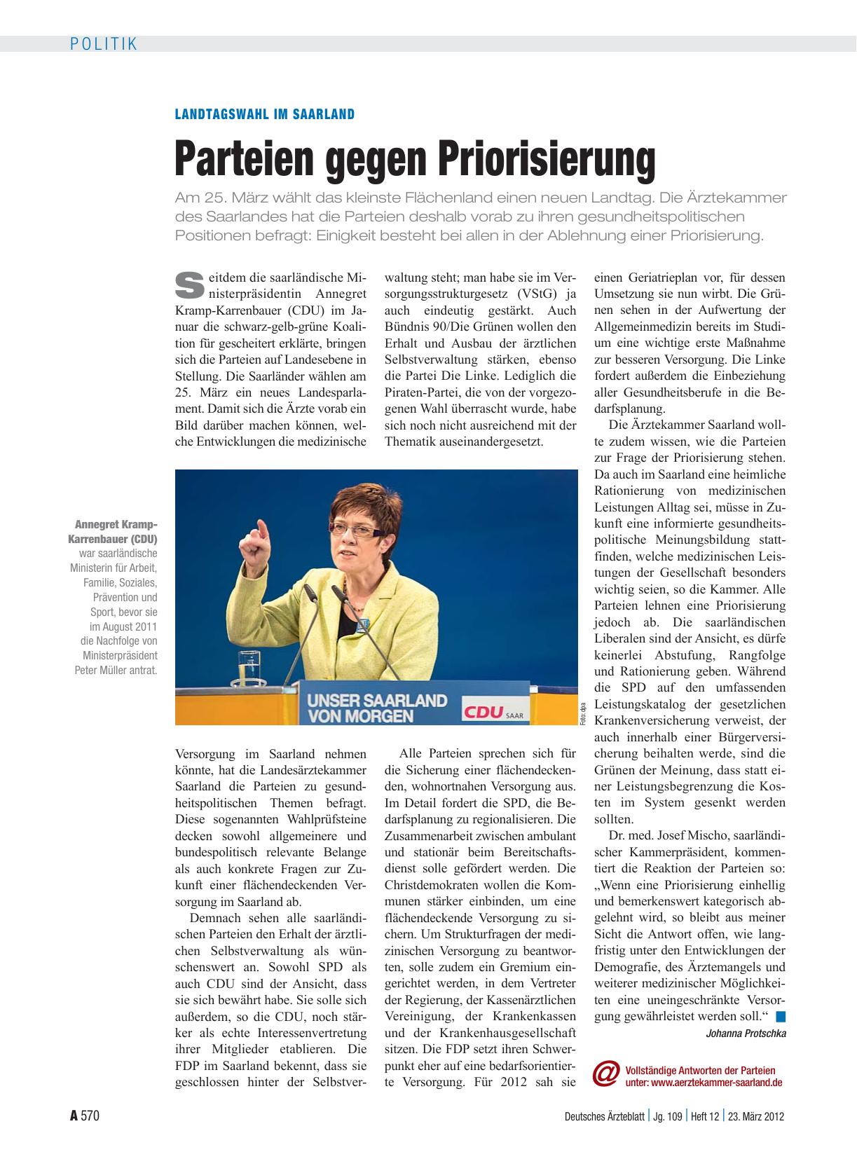 Vorschauseite 1: Landtagswahl im Saarland: Parteien gegen Priorisierung