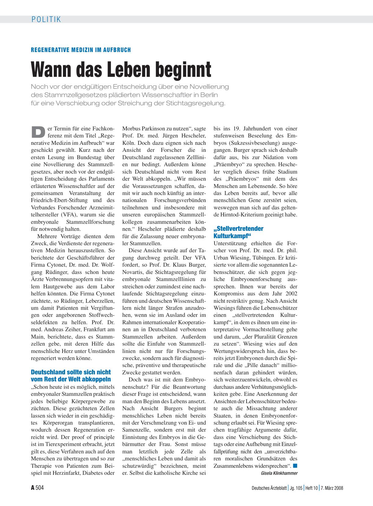 Vorschauseite 1: Regenerative Medizin im Aufbruch: Wann das Leben beginnt