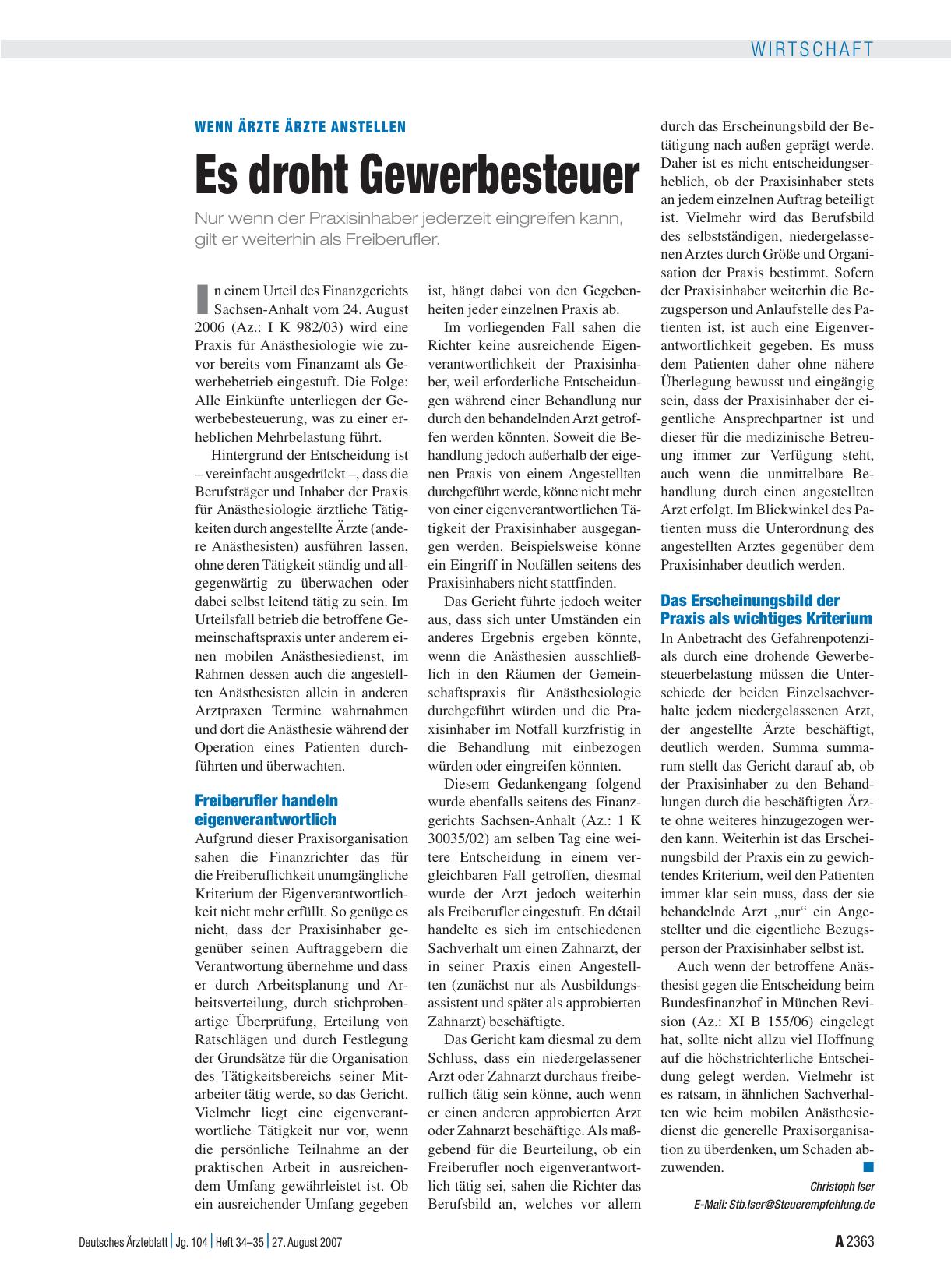 Vorschauseite 1: Wenn Ärzte Ärzte anstellen: Es droht Gewerbesteuer