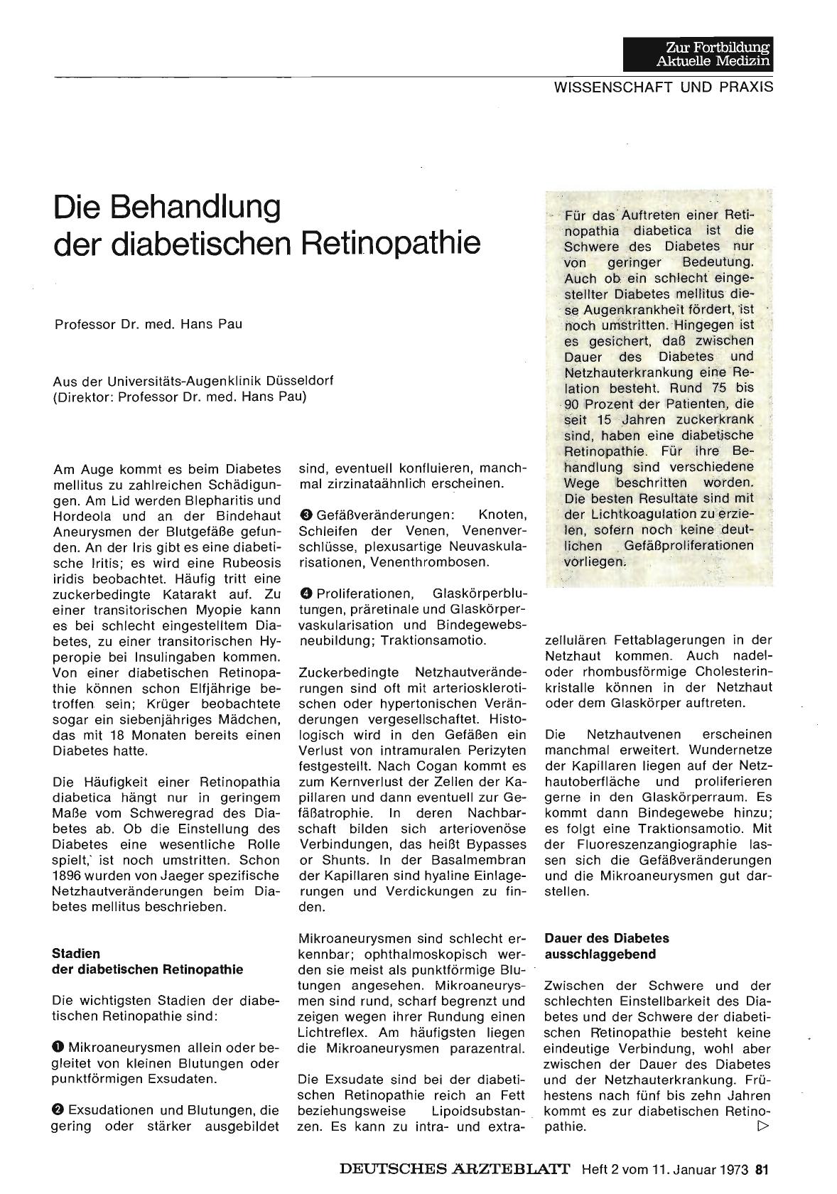 Vorschauseite 1: Die Behandlung der diabetischen Retinopathie