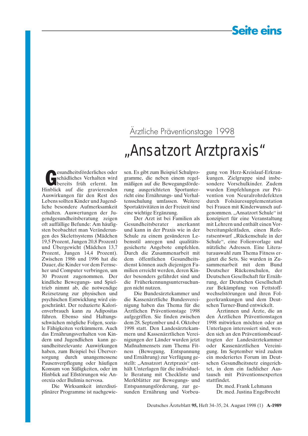 Vorschauseite 1: Ärztliche Präventionstage 1998: „Ansatzort Arztpraxis“