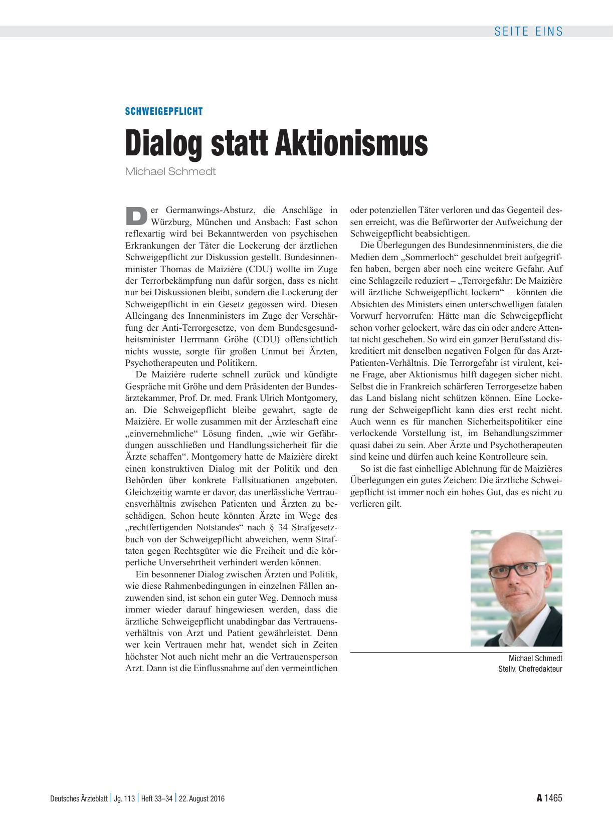Vorschauseite 1: Schweigepflicht: Dialog statt Aktionismus