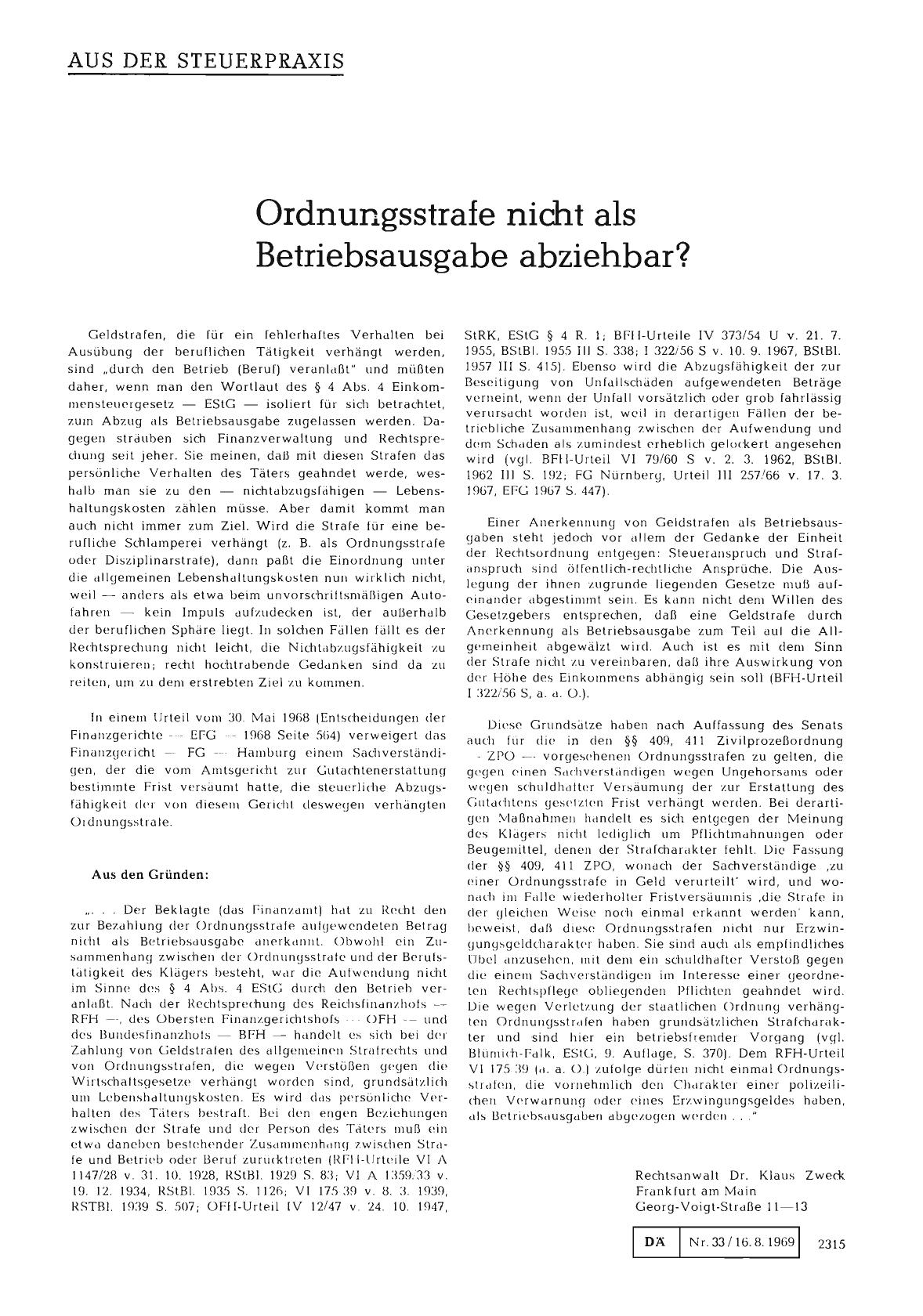 Vorschauseite 1: Ordnungsstrafe nicht als Betriebsausgabe abziehbar?