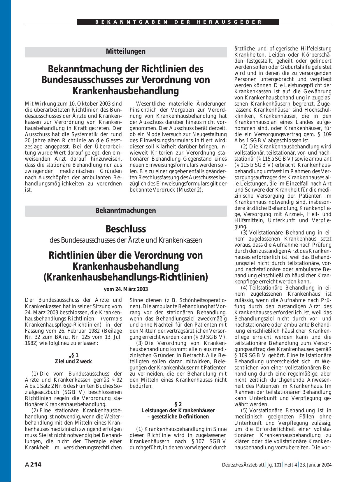 Vorschauseite 1: Mitteilungen: Bekanntmachung der Richtlinien des Bundesausschusses zur Verordnung von Krankenhausbehandlung