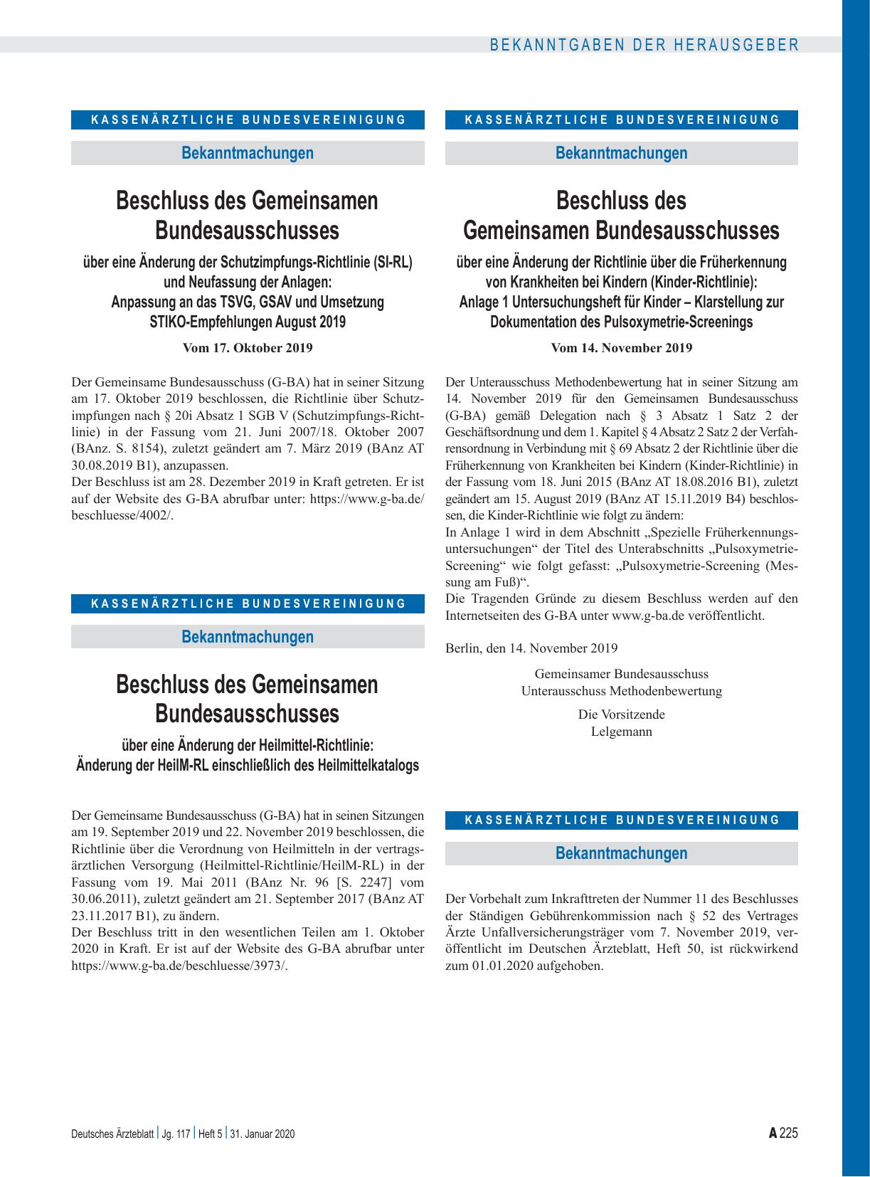 Vorschauseite 1: Beschluss des Gemeinsamen Bundesausschusses über eine Änderung der Schutzimpfungs-Richtlinie (SI-RL) und Neufassung der Anlagen: Anpassung an das TSVG, GSAV und Umsetzung STIKO-Em…