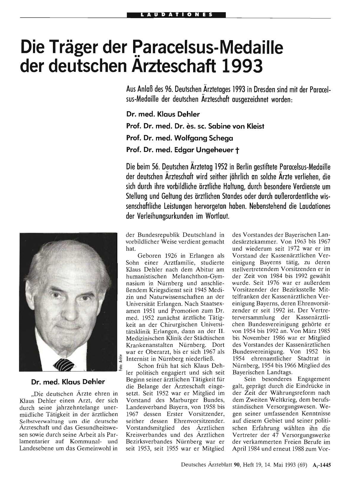 Vorschauseite 1: Die Träger der Paracelsus-Medaille der deutschen Ärzteschaft 1993