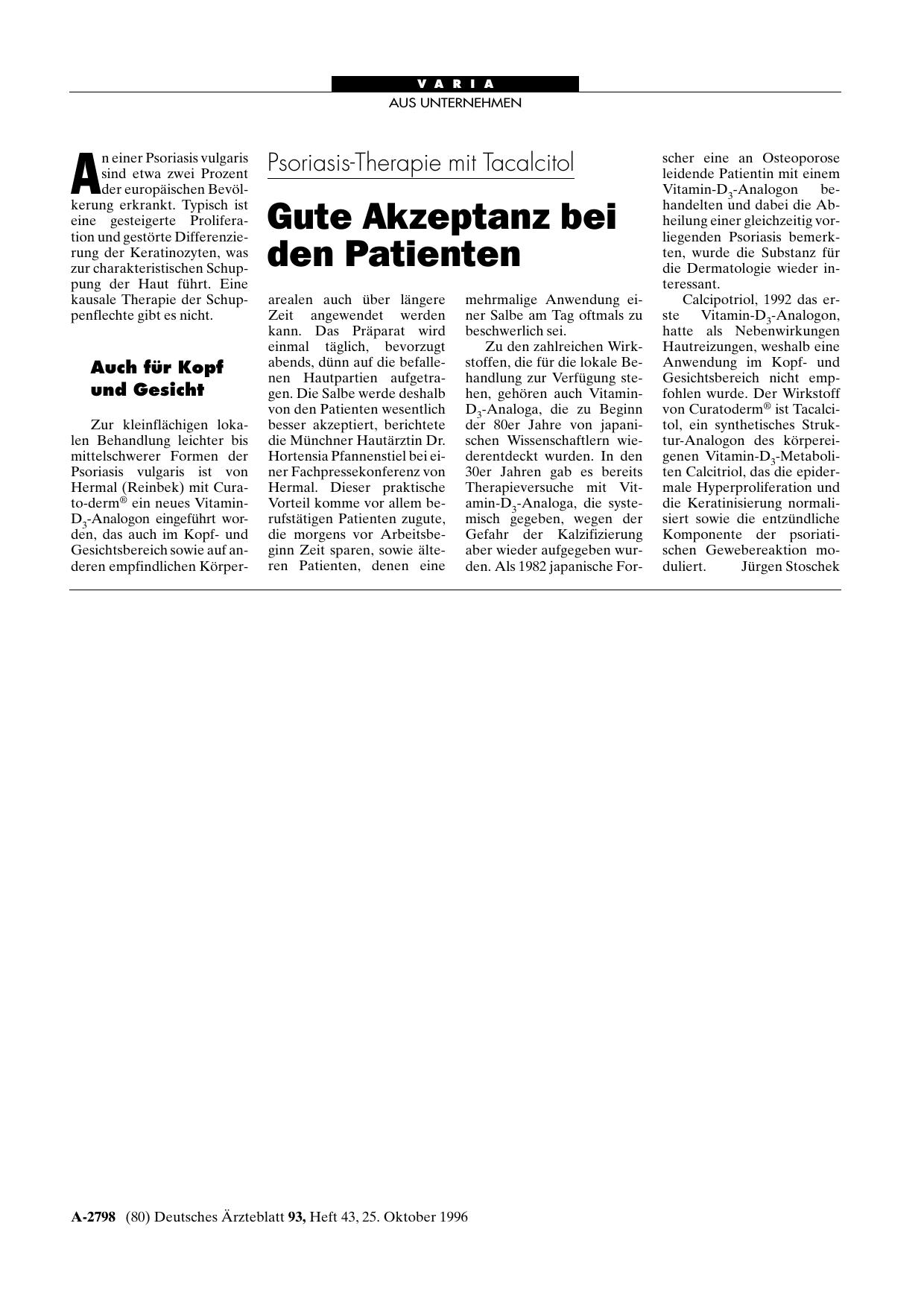 Vorschauseite 1: Psoriasis-Therapie mit Tacalcitol: Gute Akzeptanz bei den Patienten