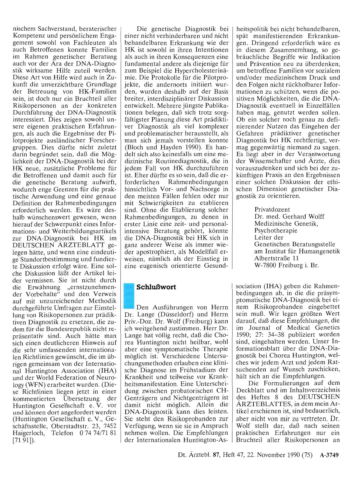 Vorschauseite 1: Chorea Huntington: Die präsymptomatische DNA-Diagnostik: Schlußwort
