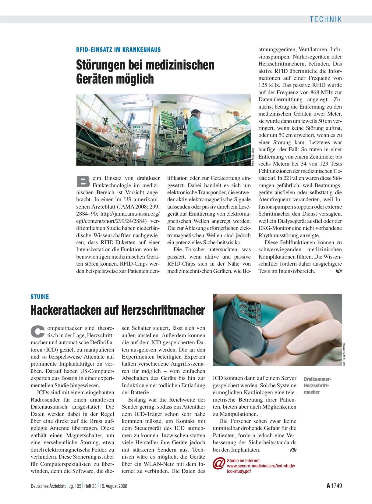 Vorschauseite 1: RFID-Einsatz im Krankenhaus: Störungen bei medizinischen Geräten möglich