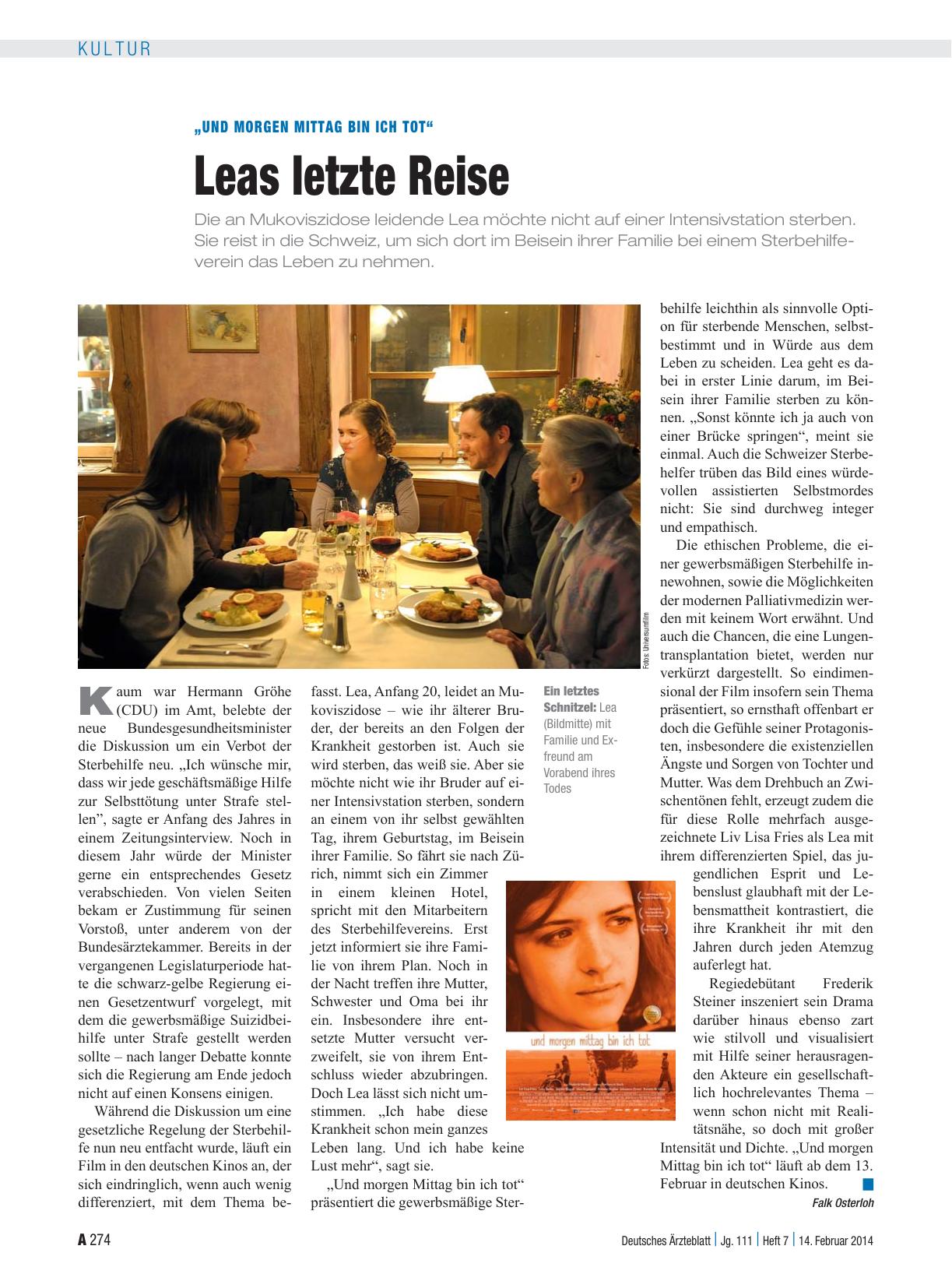Vorschauseite 1: „Und morgen Mittag bin ich Tot“: Leas letzte Reise