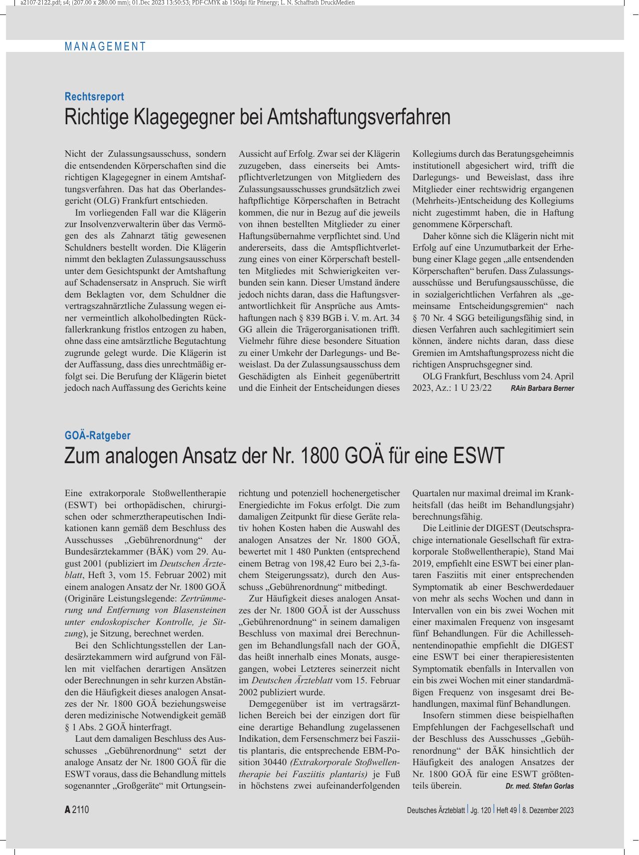 Vorschauseite 1: GOÄ-Ratgeber: Zum analogen Ansatz der Nr. 1800 GOÄ für eine ESWT