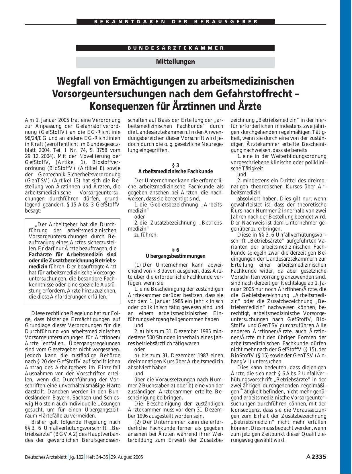 Vorschauseite 1: Mitteilungen: Wegfall von Ermächtigungen zu arbeitsmedizinischen Vorsorgeuntersuchungen nach dem Gefahrstoffrecht – Konsequenzen für Ärztinnen und Ärzte