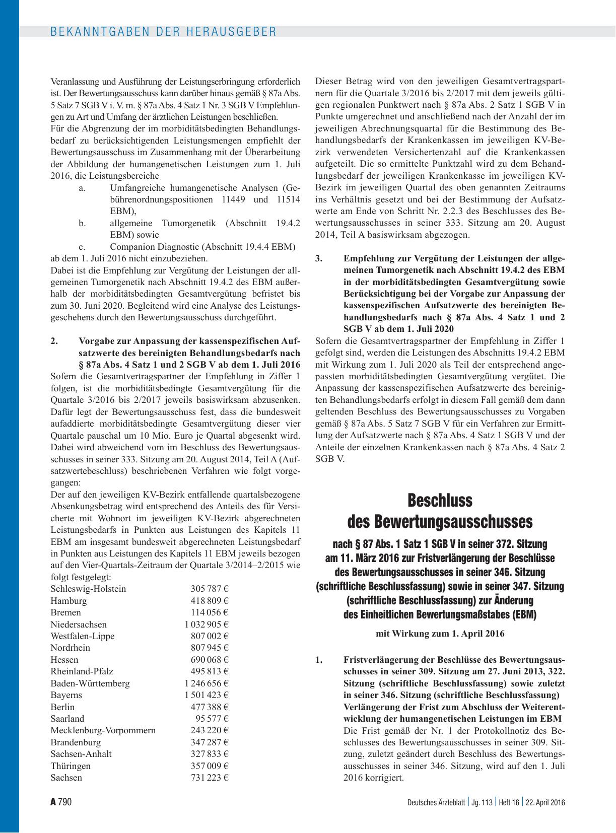 Vorschauseite 1: Beschluss des Bewertungsausschusses nach § 87 Abs. 1 Satz 1 SGB V in seiner 372. Sitzung am 11. März 2016 zur Fristverlängerung der Beschlüsse des Bewertungsausschusses in seiner…