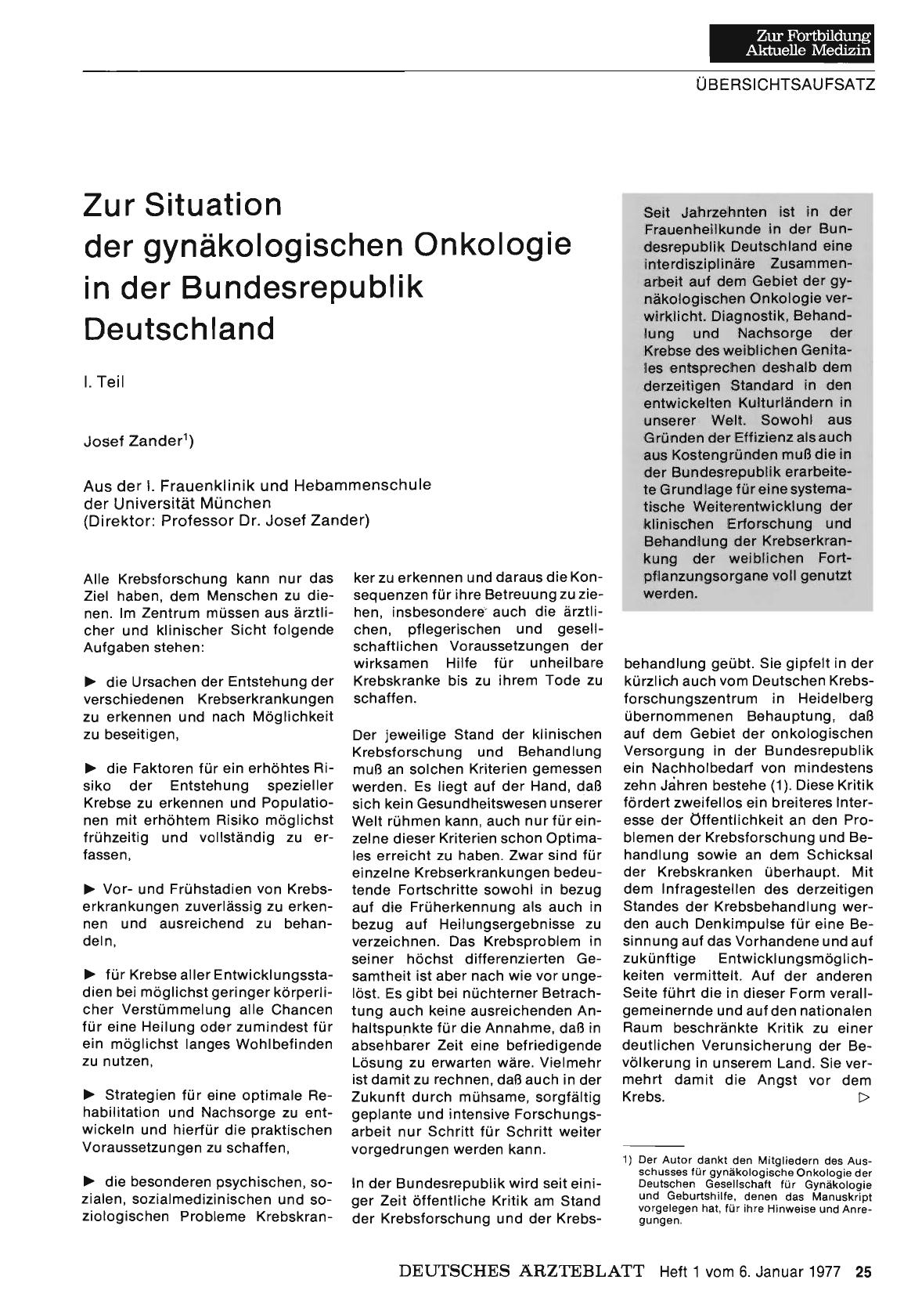 Vorschauseite 1: Zur Situation der gynäkologischen Onkologie in der Bundesrepublik Deutschland