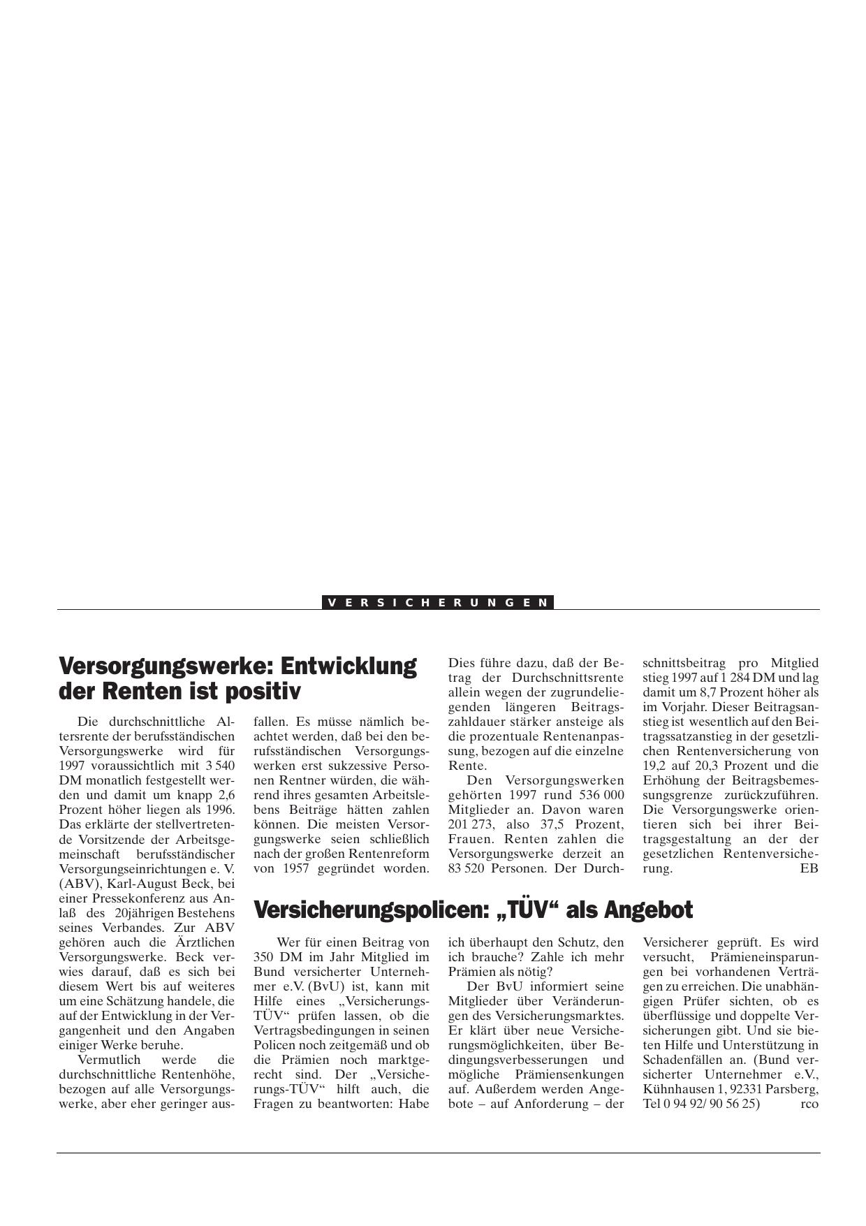 Vorschauseite 1: Versorgungswerke: Entwicklung der Renten ist positiv