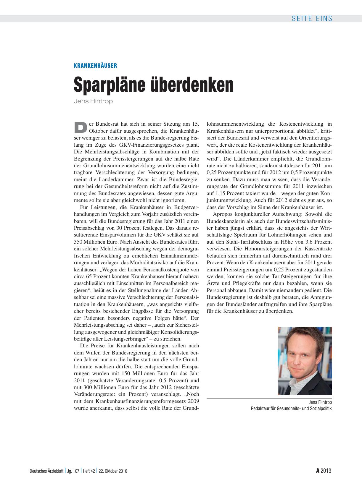 Vorschauseite 1: Krankenhäuser: Sparpläne überdenken