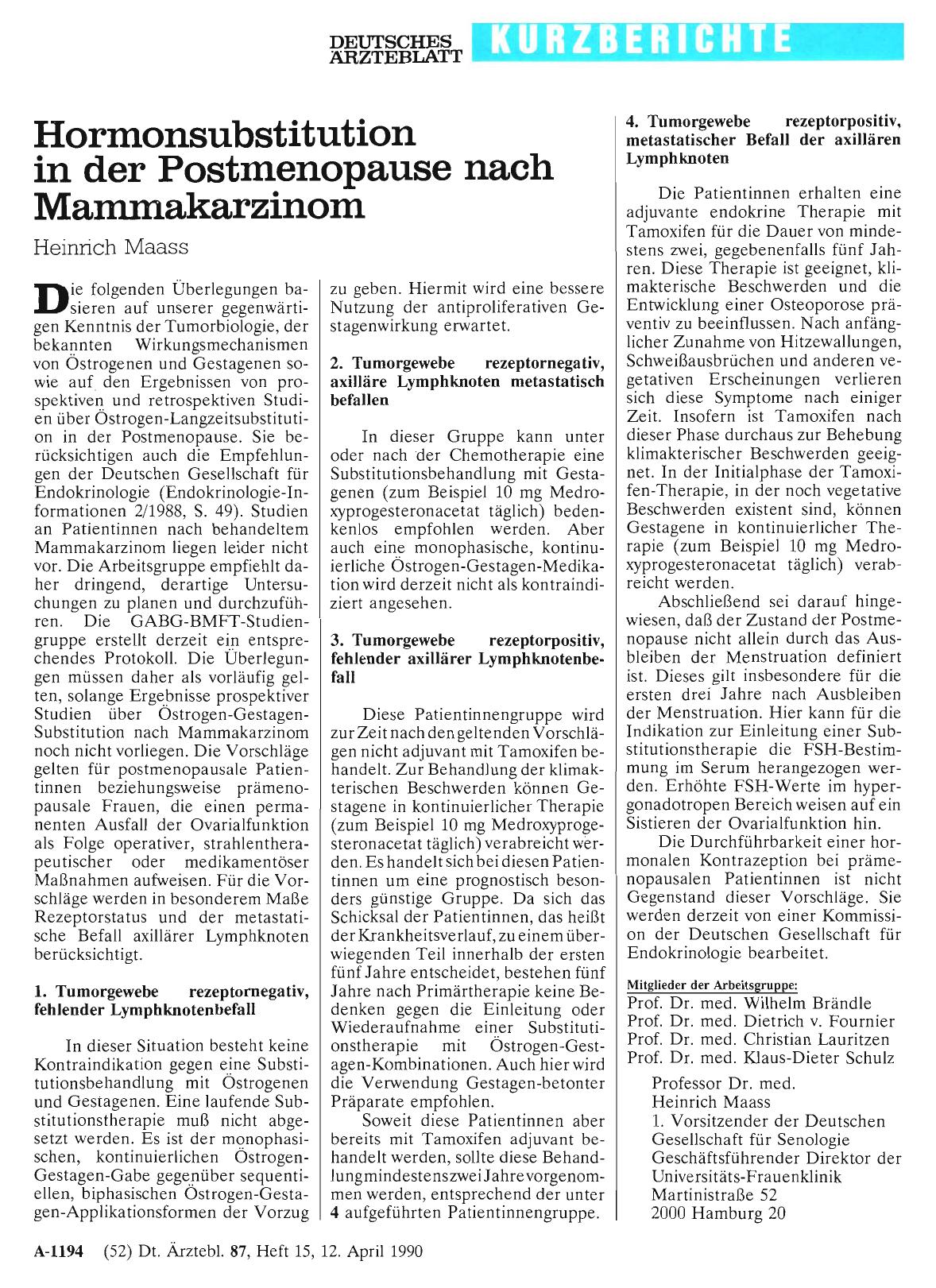 Vorschauseite 1: Hormonsubstitution in der Postmenopause nach Mammakarzinom