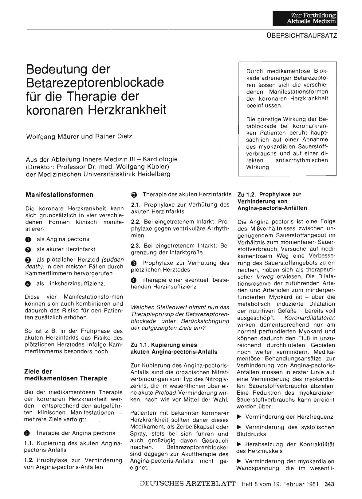 Vorschauseite 1: Bedeutung der Betarezeptorenblockade für die Therapie der koronaren Herzkrankheit