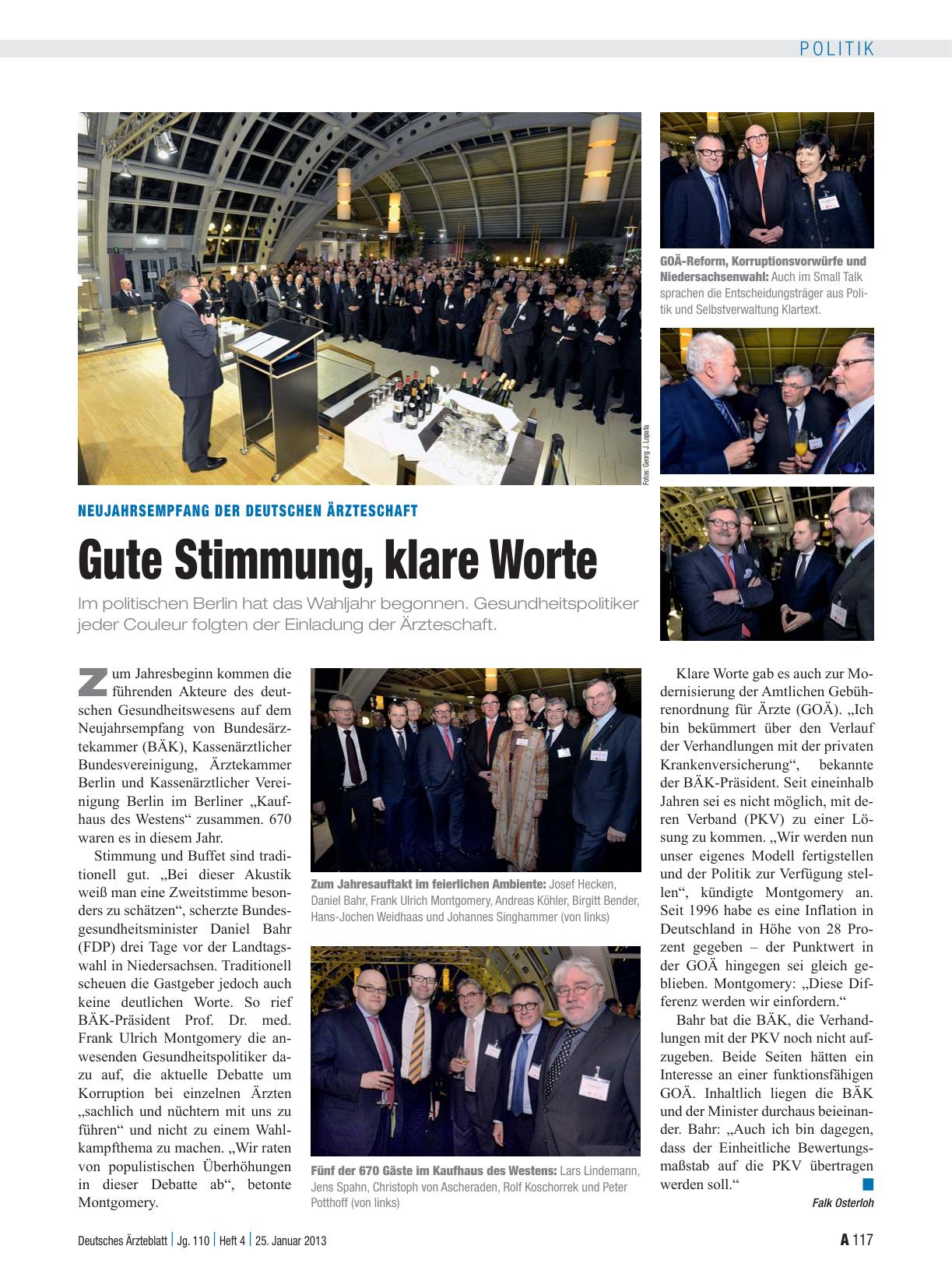 Vorschauseite 1: Neujahrsempfang der deutschen Ärzteschaft: Gute Stimmung, klare Worte