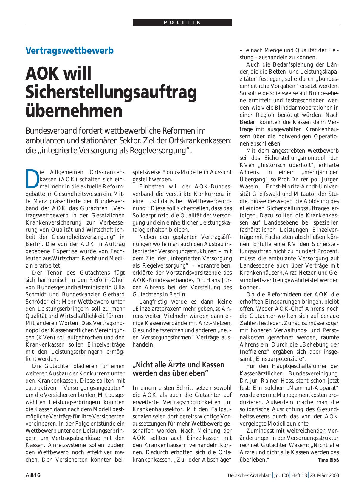 Vorschauseite 1: Vertragswettbewerb: AOK will Sicherstellungsauftrag übernehmen