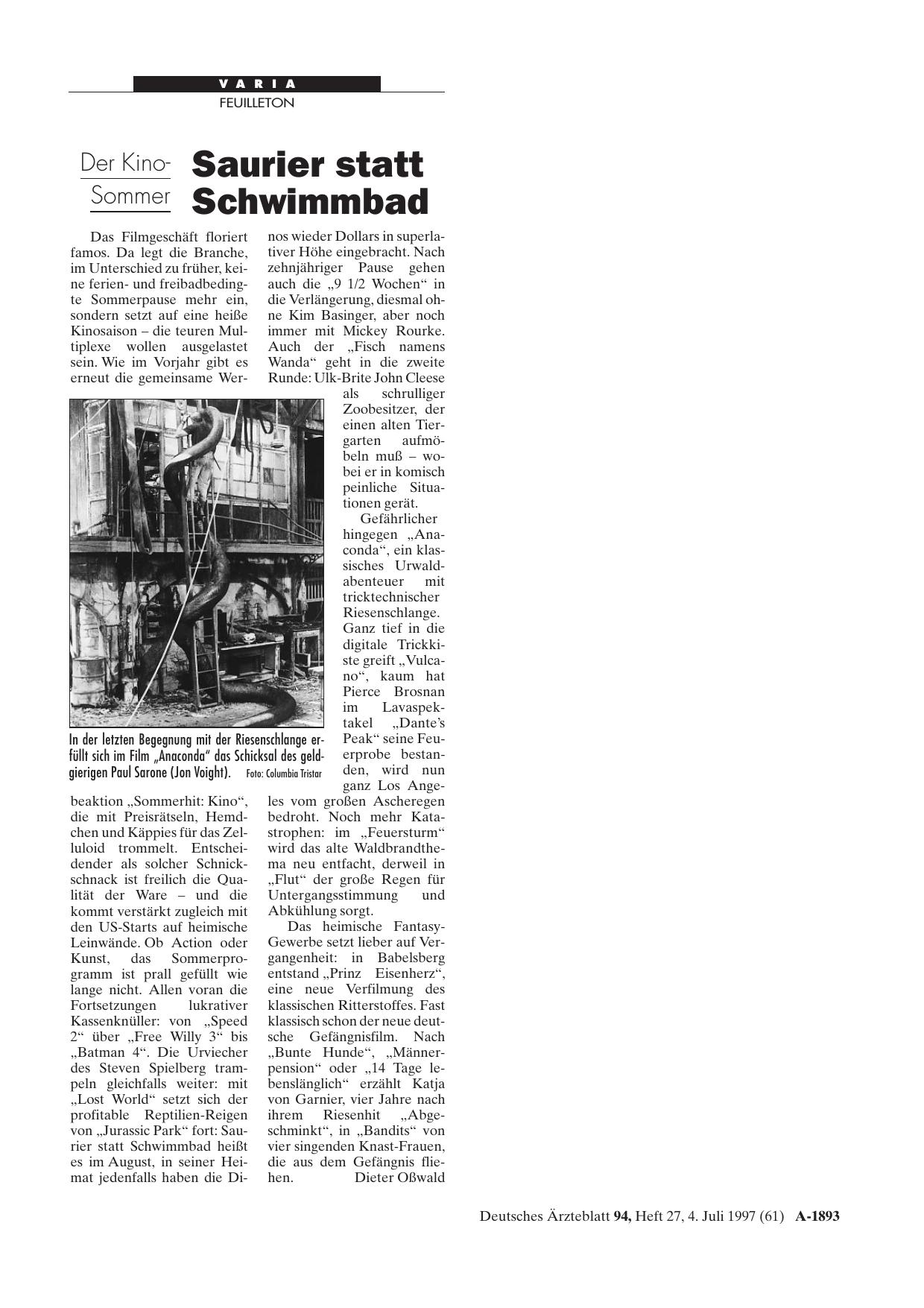 Vorschauseite 1: Der Kino-Sommer: Saurier statt Schwimmbad