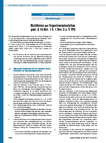 Vorschauseite 1: Richtlinien zur Organtransplantation gem. § 16 Abs. 1 S. 1 Nrn. 2 u. 5 TPG