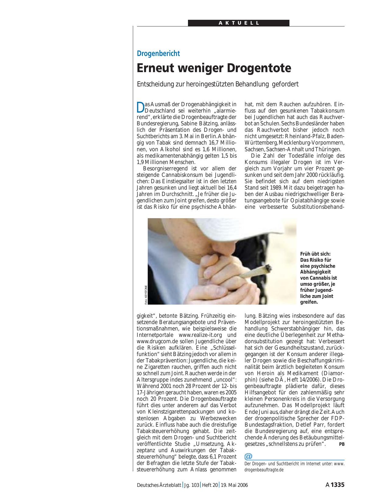 Vorschauseite 1: Drogenbericht: Erneut weniger Drogentote