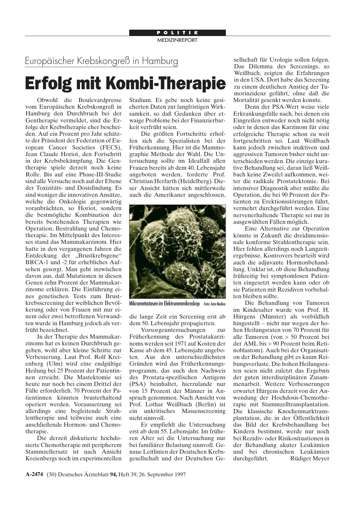 Vorschauseite 1: Europäischer Krebskongreß in Hamburg: Erfolg mit Kombi-Therapie