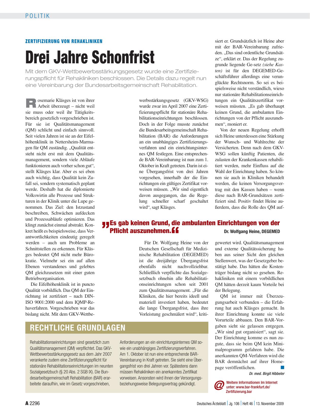 Vorschauseite 1: Zertifizierung von Rehakliniken: Drei Jahre Schonfrist