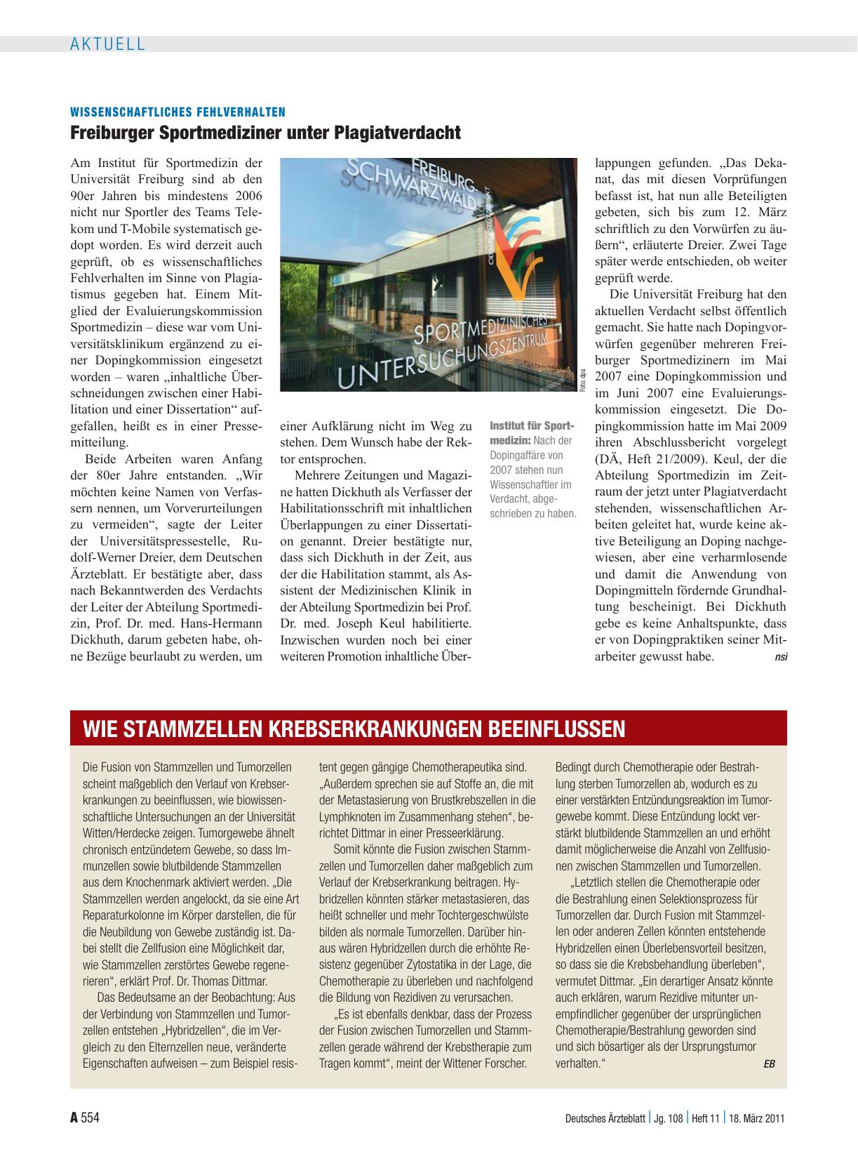 Vorschauseite 1: Wissenschaftliches Fehlverhalten: Freiburger Sportmediziner unter Plagiatverdacht