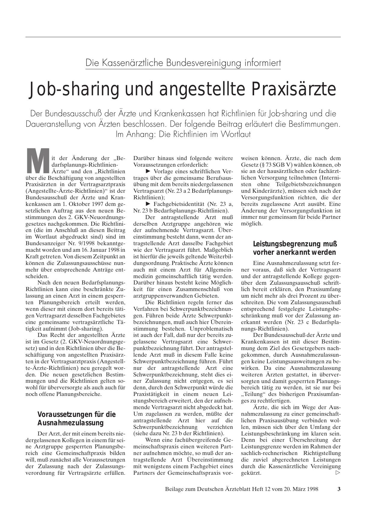 Vorschauseite 1: Die Kassenärztliche Bundesvereinigung informiert: Job-sharing und angestellte Praxisärzte